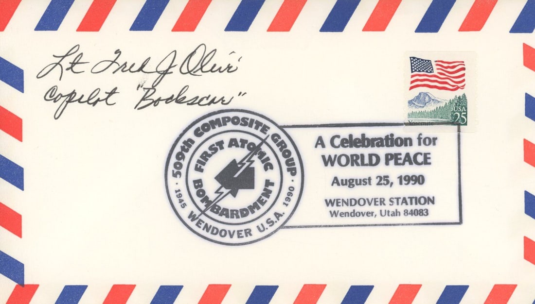 Fred J. Olivi - Bockscar Co-Pilot - Autographed Commemorative Cover: Details: Fred J. Olivi autographed commemorative cover honoring the 50th anniversary reunion of the 509th Composite Group, signing in black ink and adding the inscription, “Co-pilot
