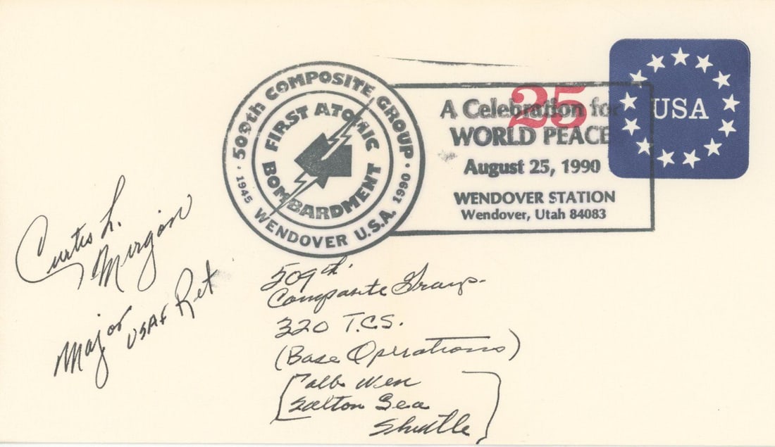Curtis R. Mirgon - 509th Composite Group Major - Autographed 45th Anniversary Cover: Details: Curtis R. Mirgon autographed commemorative cover honoring the 45th anniversary reunion of the 509th Composite Group. Postmarked at Wendover, Utah, on August 25, 1990, the cover features a