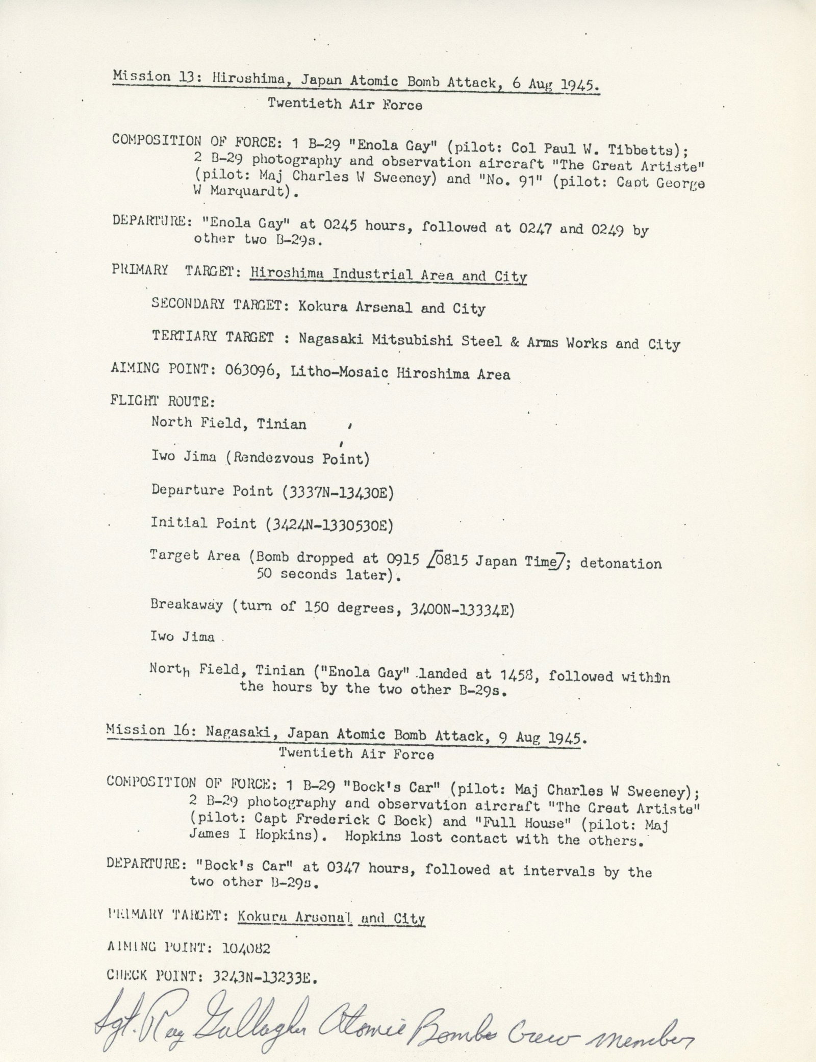 Ray Gallagher – Atomic Bomb Crew Member – Trio of Autographed Mission Documents - 2