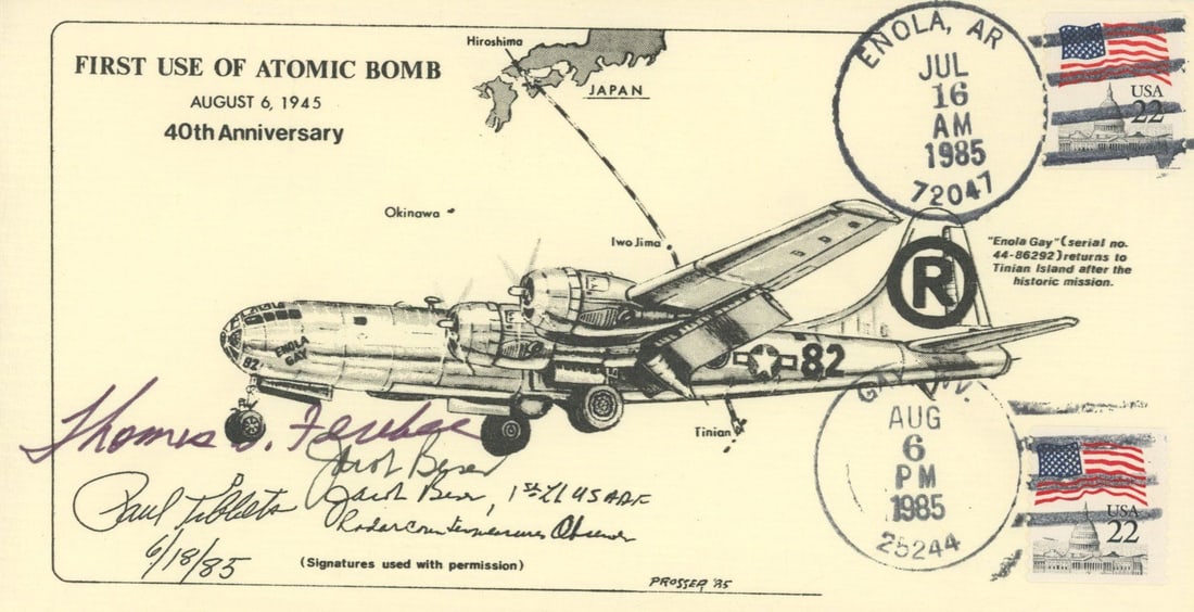 Thomas Ferebee - Hiroshima Bombardier - Autographed 40th Anniversary Atomic Bomb Cover: Details: Thomas Ferebee autographed commemorative cover marking the 40th Anniversary of the First Use of the Atomic Bomb, signing in purple ink. The cover is additionally printed with facsimile signat