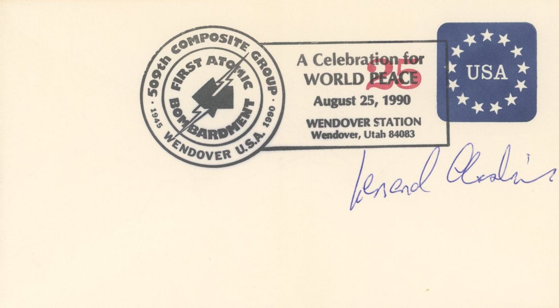 Leonard Cheshire - British Observer to Hiroshima & Nagasaki Missions - Autographed First Day Cover: Details: Leonard Cheshire autographed First Day Cover commemorating the 50th anniversary of the 509th Composite Group and the end of World War II, signed in blue ink. Cheshire served as the official B