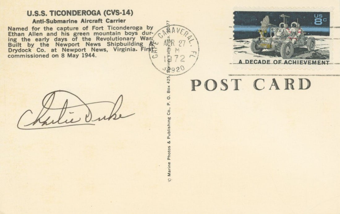 Charlie Duke - Apollo 16 Lunar Module Pilot - Autographed Apollo 16 Recovery Ship Postcard - 2