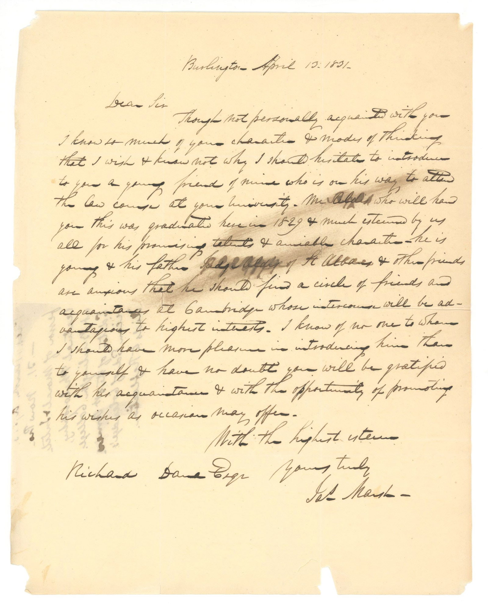 James Marsh - American Philosopher & Educator - 1831 Autograph Letter Signed - Burlington, Vermont (1 of 2)