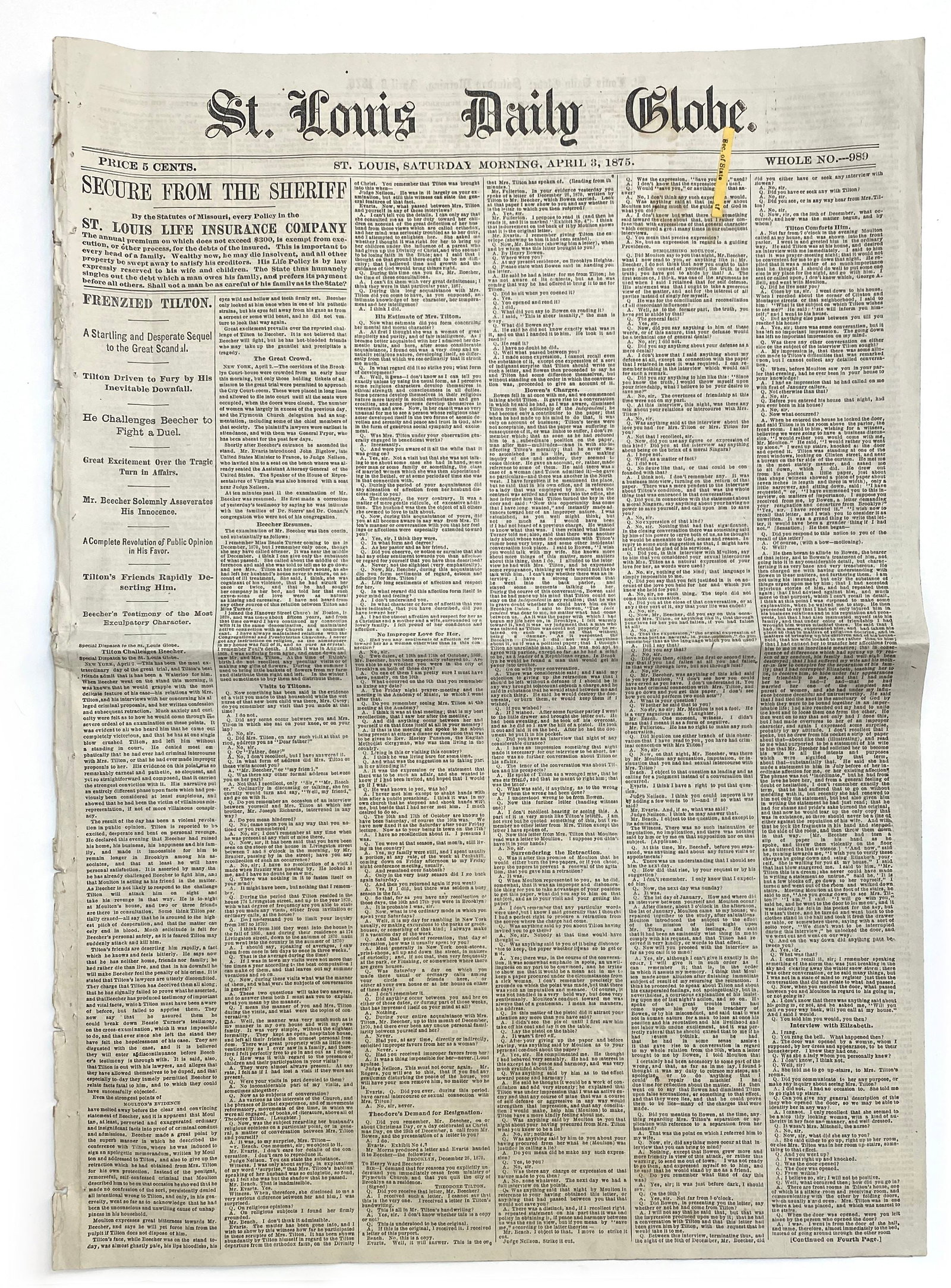 Beecher-Tilton Scandal - Henry Ward Beecher Adultery Trial - St. Louis Daily Globe - April 3, 1875 - 2