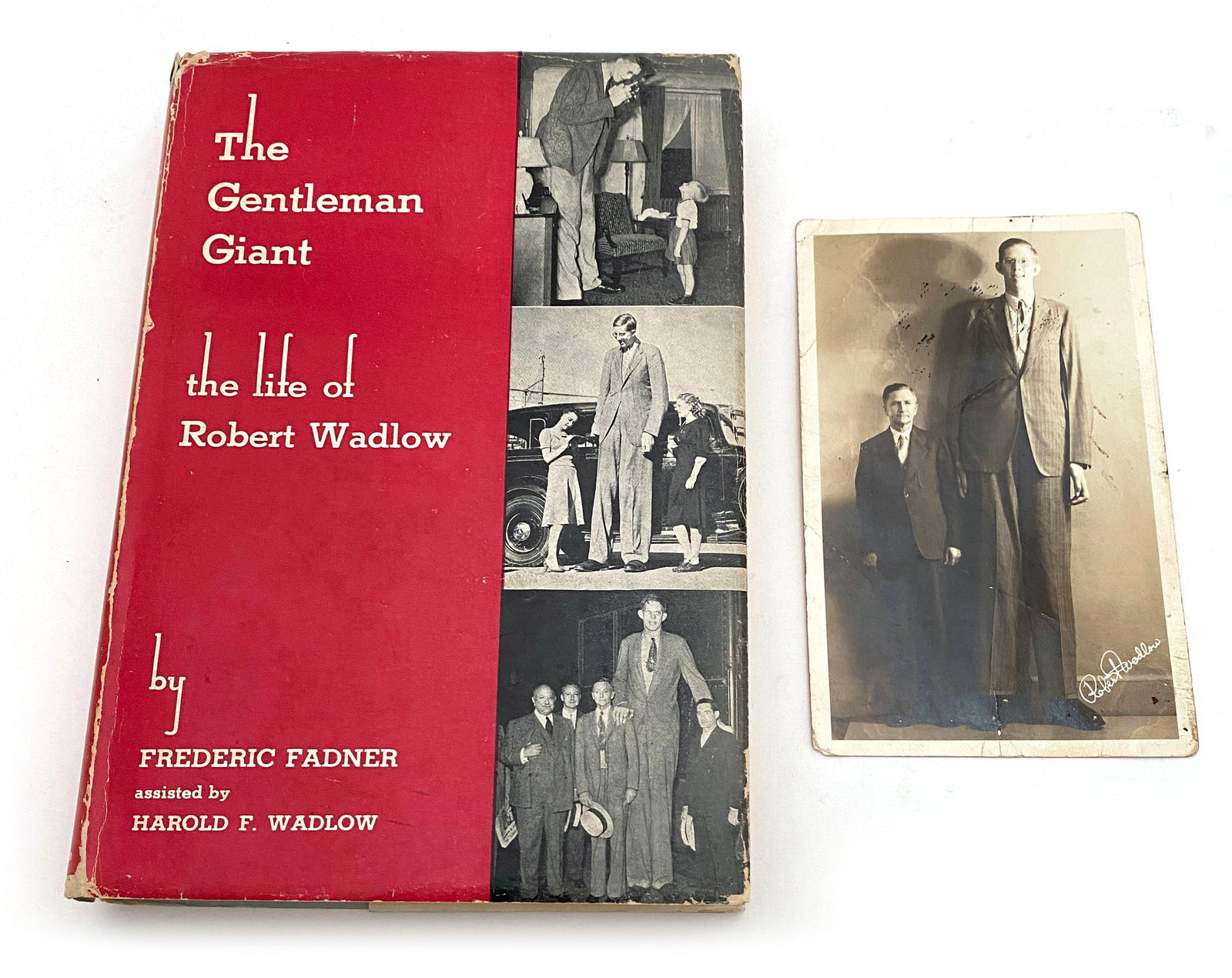 Robert Wadlow - World’s Tallest Man - Signed First Edition Biography with Vintage RPPC: Details: Frederic Fadner signed first edition hardcover copy of The Gentleman Giant: The Biography of Robert Pershing Wadlow. Published by Bruce Humphries, Inc., Boston, 1944. Fadner has signed the