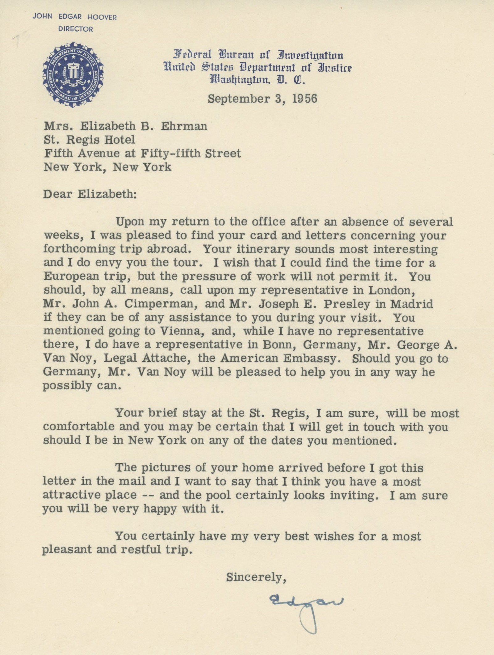 J. Edgar Hoover – FBI Director – Autographed TLS – 1956 Personal Travel Correspond (1 of 1)