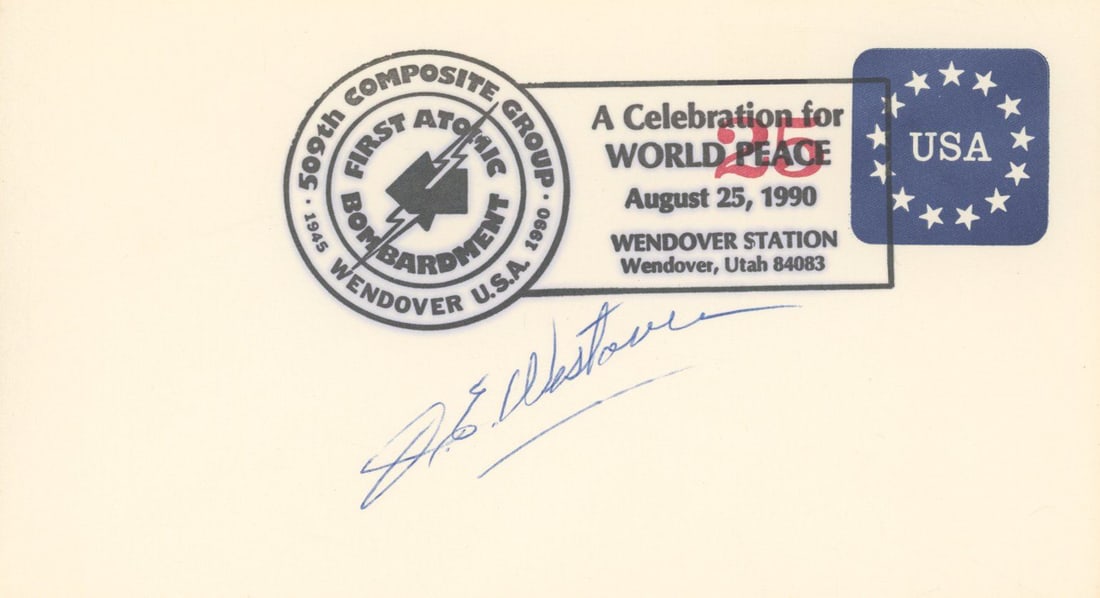 Joseph E. Westover – B-29 Strange Cargo Commander – Autographed 509th Composite Group Co: Details: Joseph E. Westover autographed commemorative cover honoring the 509th Composite Group, signed in blue ink. Westover served as a captain in the 393rd Bombardment Squadron and was the regularly
