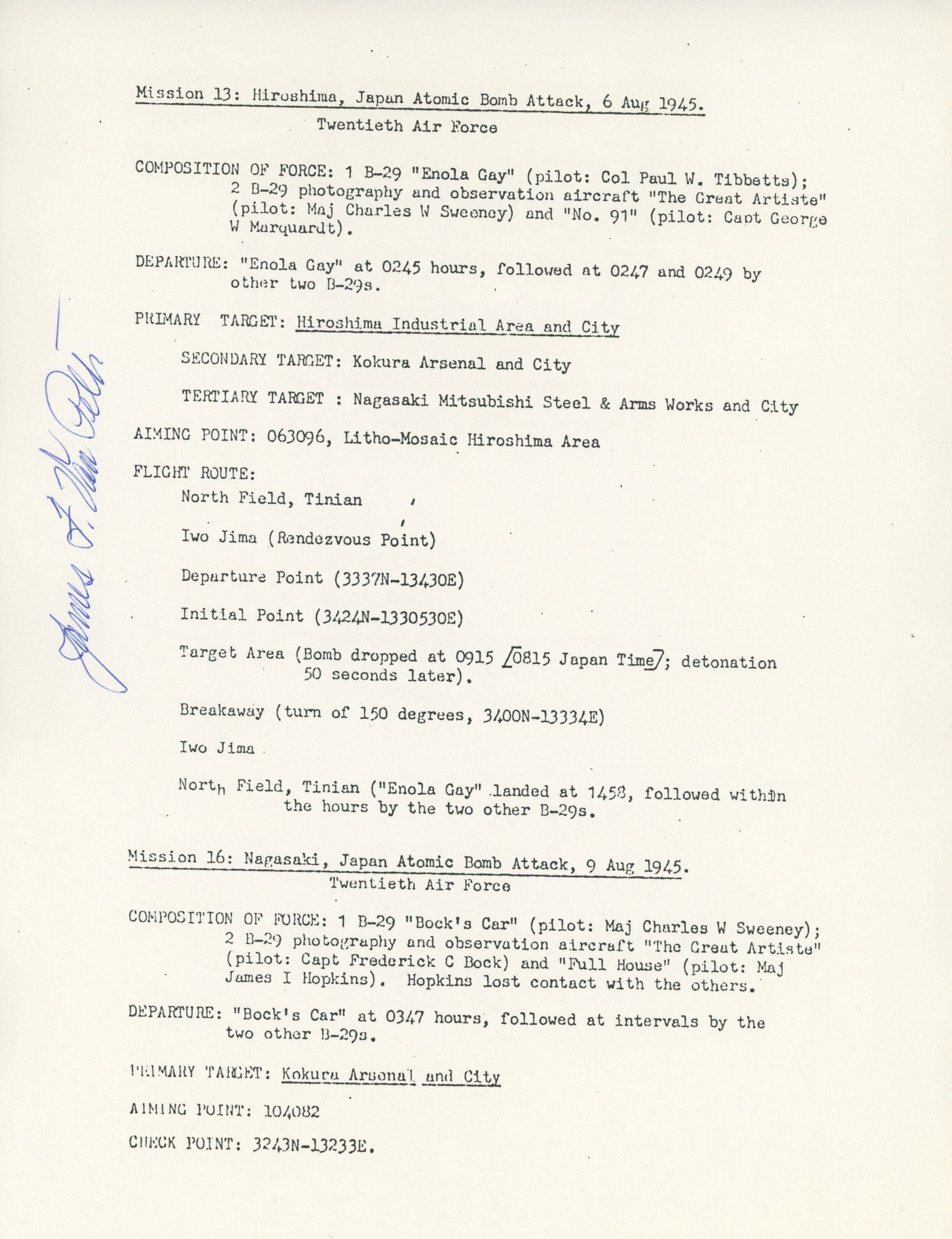 James Van Pelt - 509th Composite Group Navigator - Autographed Atomic Bomb Mission Sheet Pair - 2