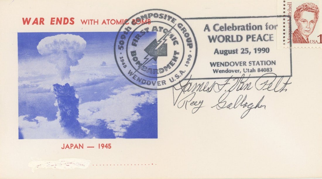 James Van Pelt & Ray Gallagher - Bockscar Crew Members - Autographed Commemorative Cover: Details: James Van Pelt and Ray Gallagher autographed commemorative cover depicting the atomic mushroom cloud with the printed caption, “War Ends With Atomic Bomb - Japan - 1945.” Both vet