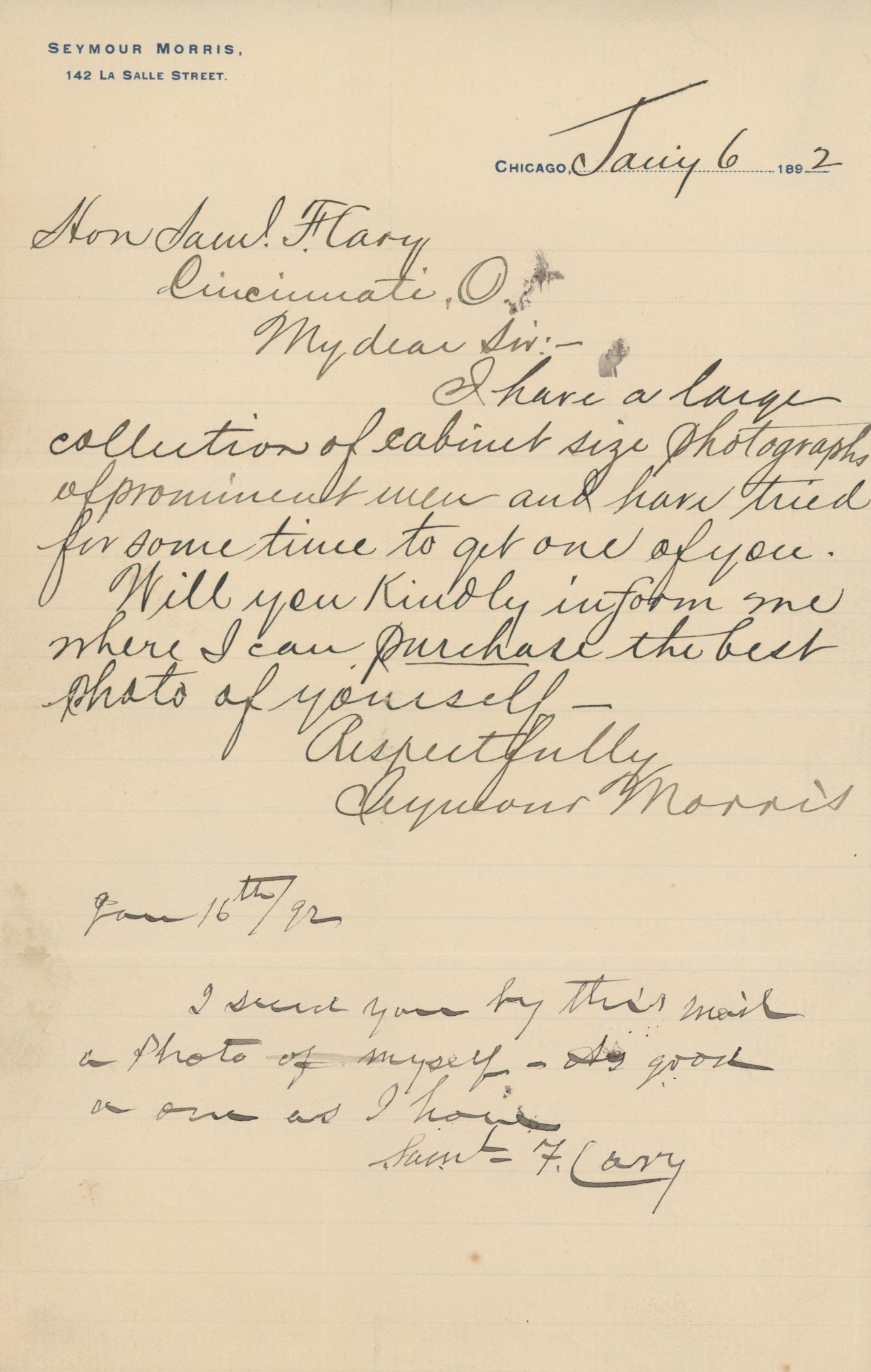 Samuel F. Cary - Congressman and Temperance Leader - Autographed Note Signed, 1892: Details: Samuel F. Cary autographed handwritten note (ANS), penned at the bottom of a letter addressed to him by Seymour Morris of Chicago, dated January 16, 1892. The original Morris letter, written