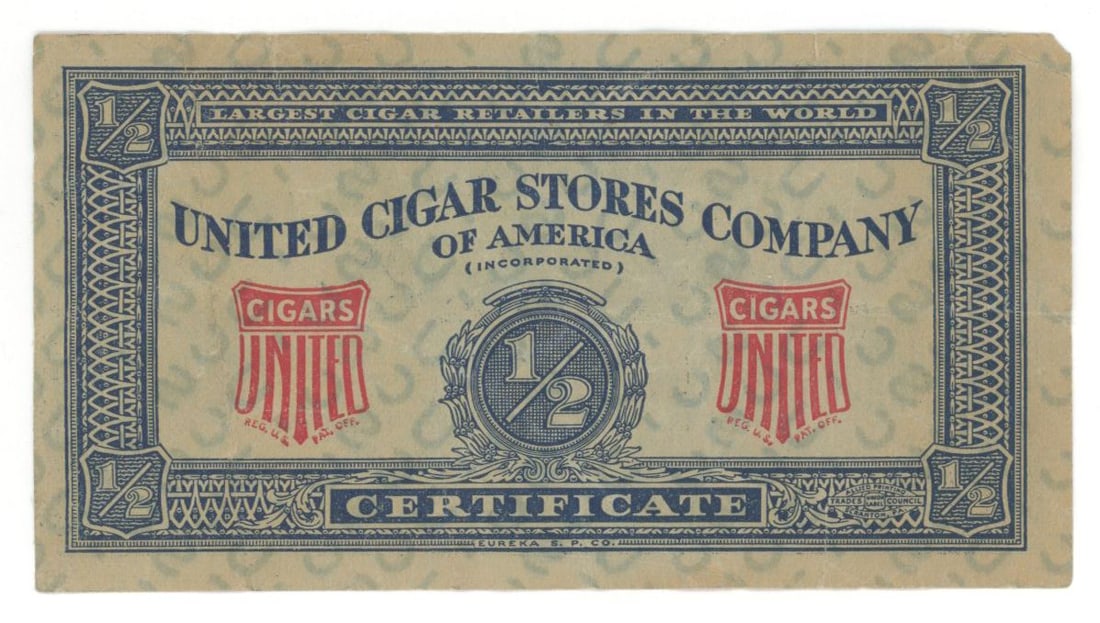 United Cigar Stores Company of America - One-Half Premium Certificate - Circa 1920s-1930s - 2