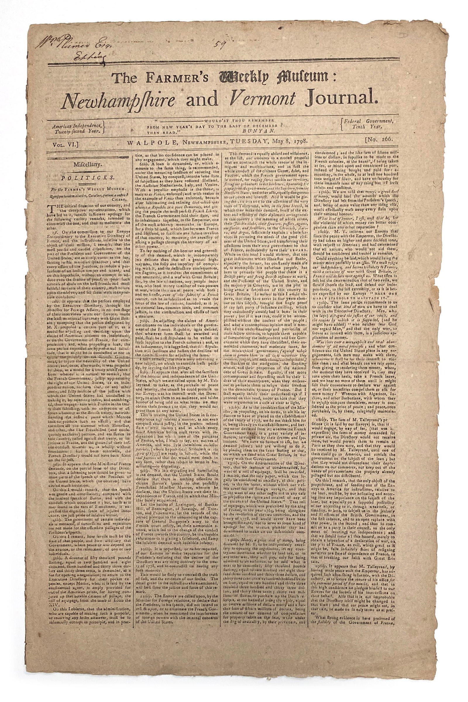 The Farmer’s Weekly Museum - New Hampshire and Vermont Journal - May 8, 1798: Details: The Farmer’s Weekly Museum: New Hampshire and Vermont Journal (Walpole, New Hampshire), May 8, 1798. Complete four-page newspaper published during the administration of President John A