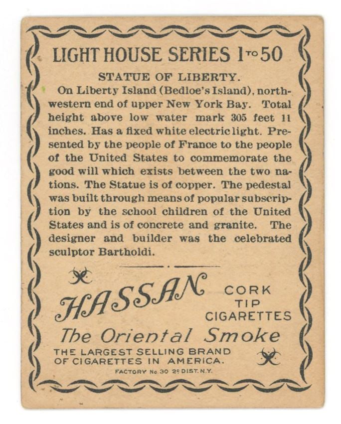 Statue of Liberty - Hassan Cigarettes Lighthouse Series Trade Card - Early 20th Century - 2