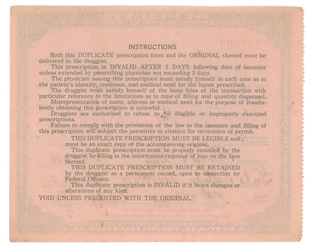 Prohibition Era - Medicinal Liquor Prescription Form - Doctor & Pharmacy Signed - 1928 - 2