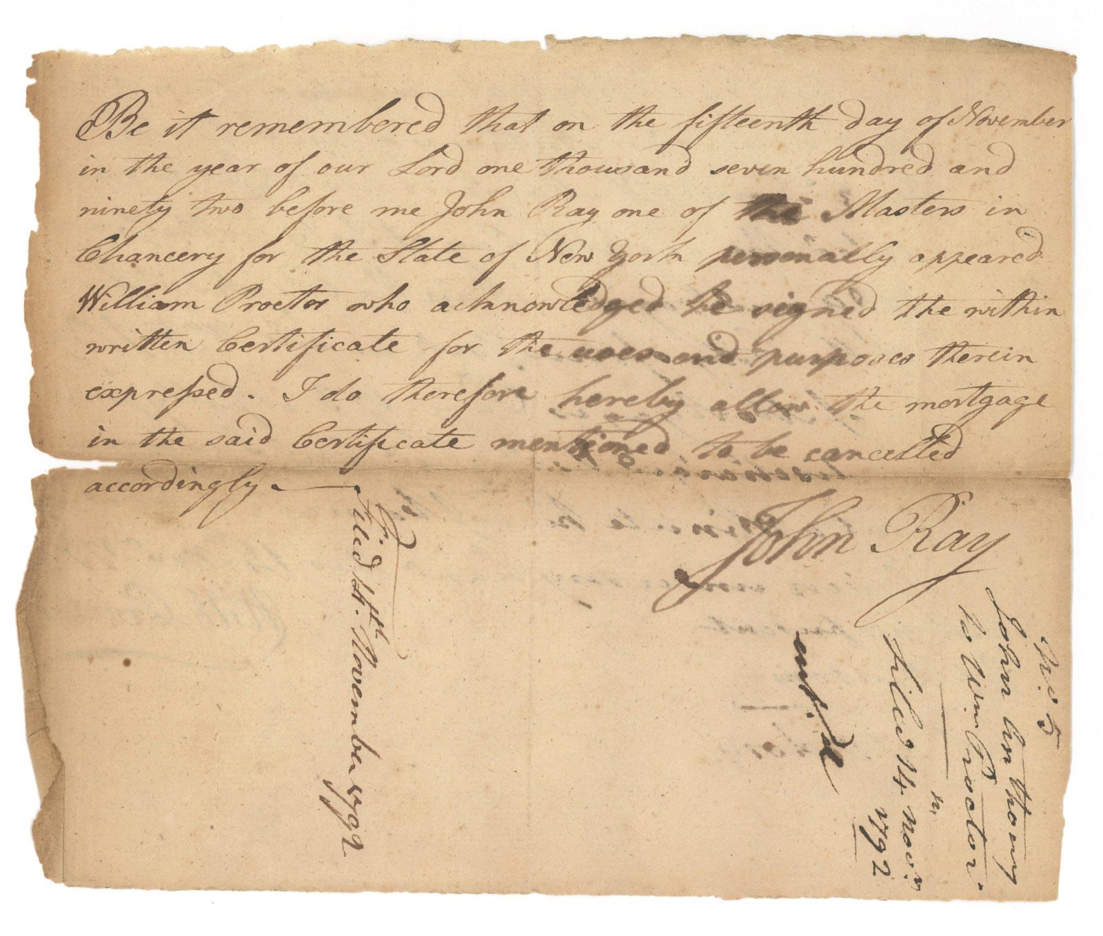 New York Mortgage Satisfaction Certificate - Manuscript Legal Document - November 1792 - 2