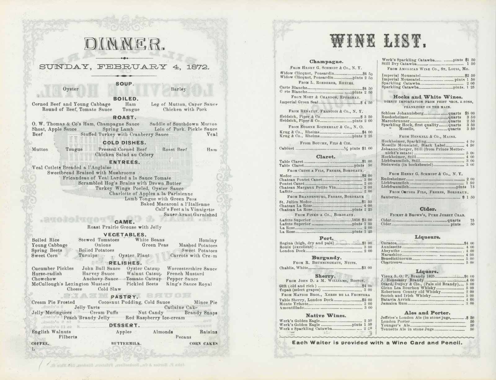 Louisville Hotel - Louisville, Kentucky - Bill of Fare - February 4, 1872 - 2