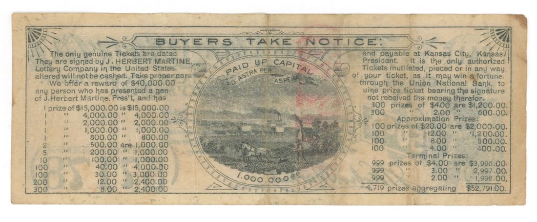 Kansas State Lottery Co. Half Ticket - Kansas City, Kansas - January 18, 1894 Drawing - 2