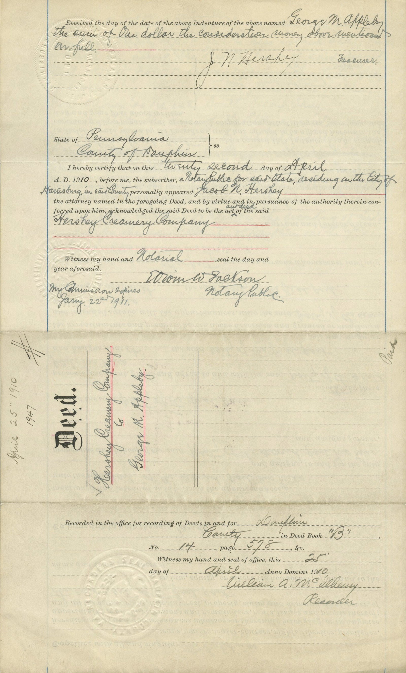 Hershey Creamery Co. 1910 Indenture Document For a Lot of Land in Harrisburg, PA - 2