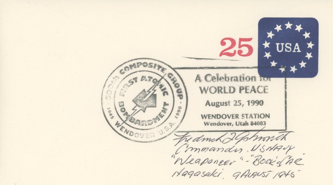 Frederick L. Ashworth – Bockscar Weaponeer – Autographed 1990 First Atomic Bombardment C: Details: Frederick L. Ashworth autographed commemorative cacheted cover honoring the 50th anniversary of the 509th Composite Group, postmarked at Wendover, Utah, on August 25, 1990. Ashworth has