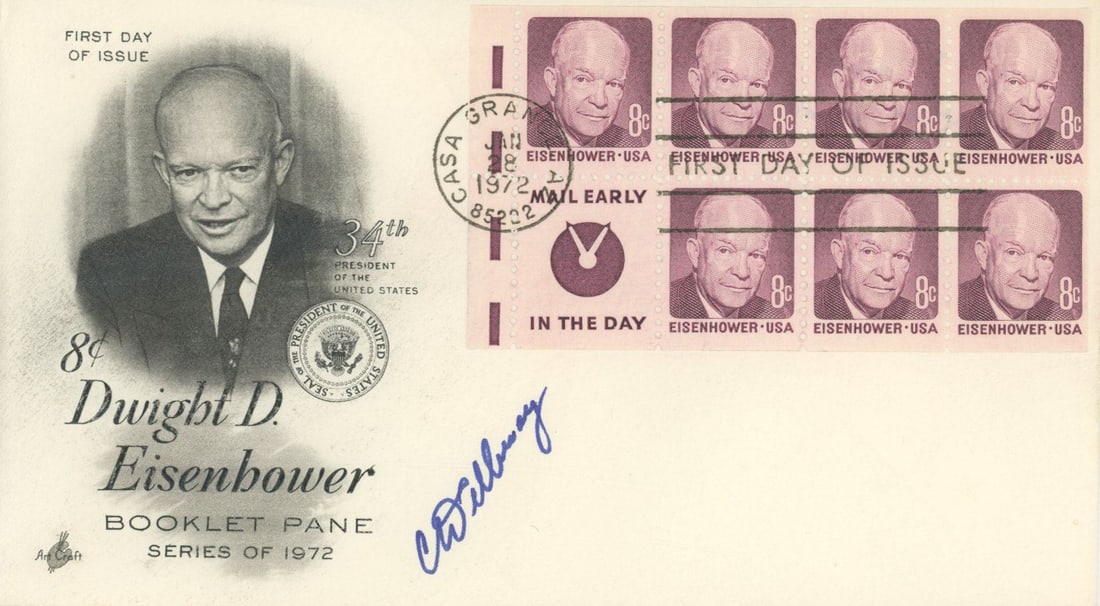 Charles W. Albury - Bockscar Co-Pilot - Autographed First Day Cover - Nagasaki Mission: Details: Charles W. Albury autographed First Day Cover honoring President Dwight D. Eisenhower. Albury has signed in blue ink. Fine condition. Charles W. Albury (1920-2009) served as co-pilot aboard t