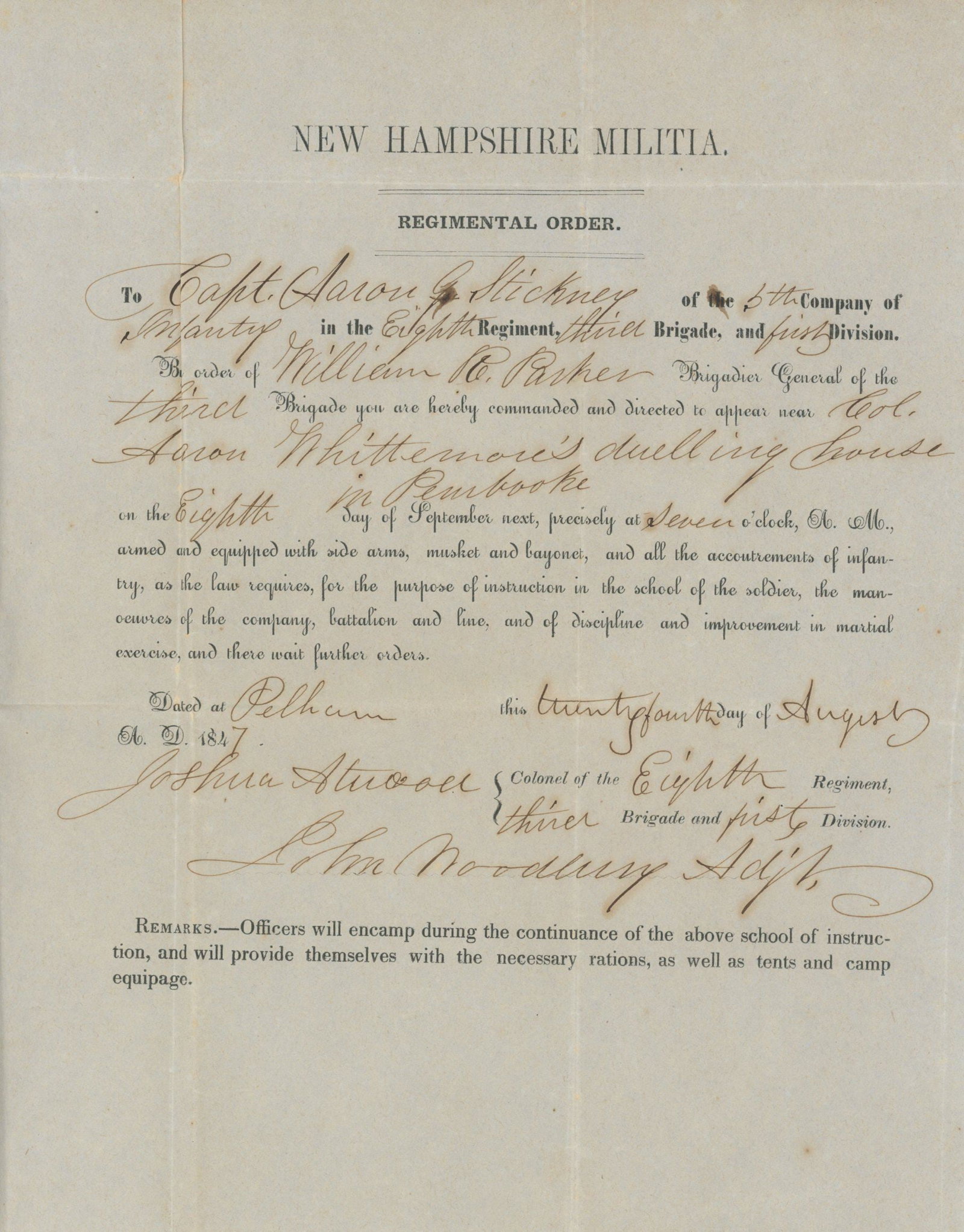 Aaron F. Stickney - NH Militia Regimental Order Document - Signed by John Woodbury - 1847: Details: Official partially printed and manuscript New Hampshire Militia Regimental Order document issued to Captain Aaron F. Stickney, dated August 24, 1847, and signed by John Woodbury as Adjutant.