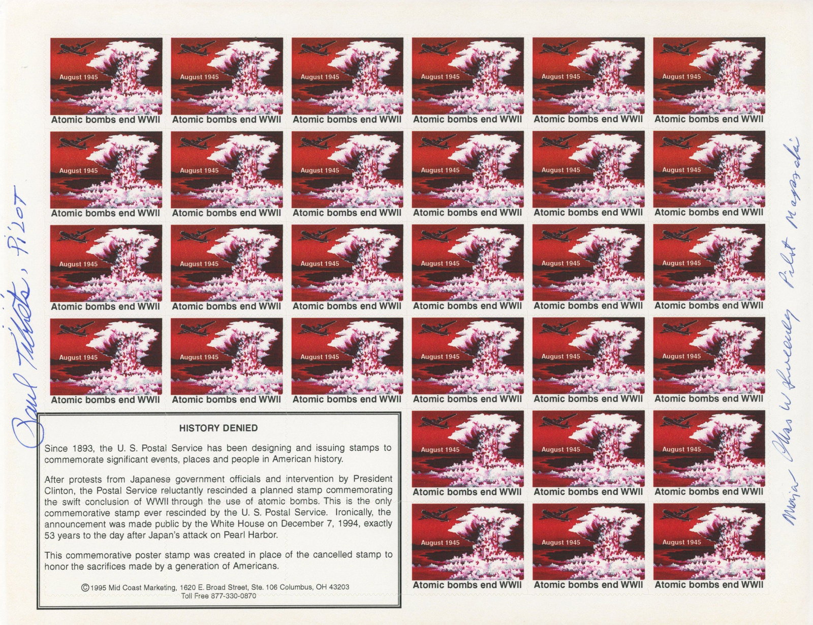 Paul Tibbets & Charles Sweeney – Atomic Bomb Mission Pilots – Autographed Stamp Sheets - 2