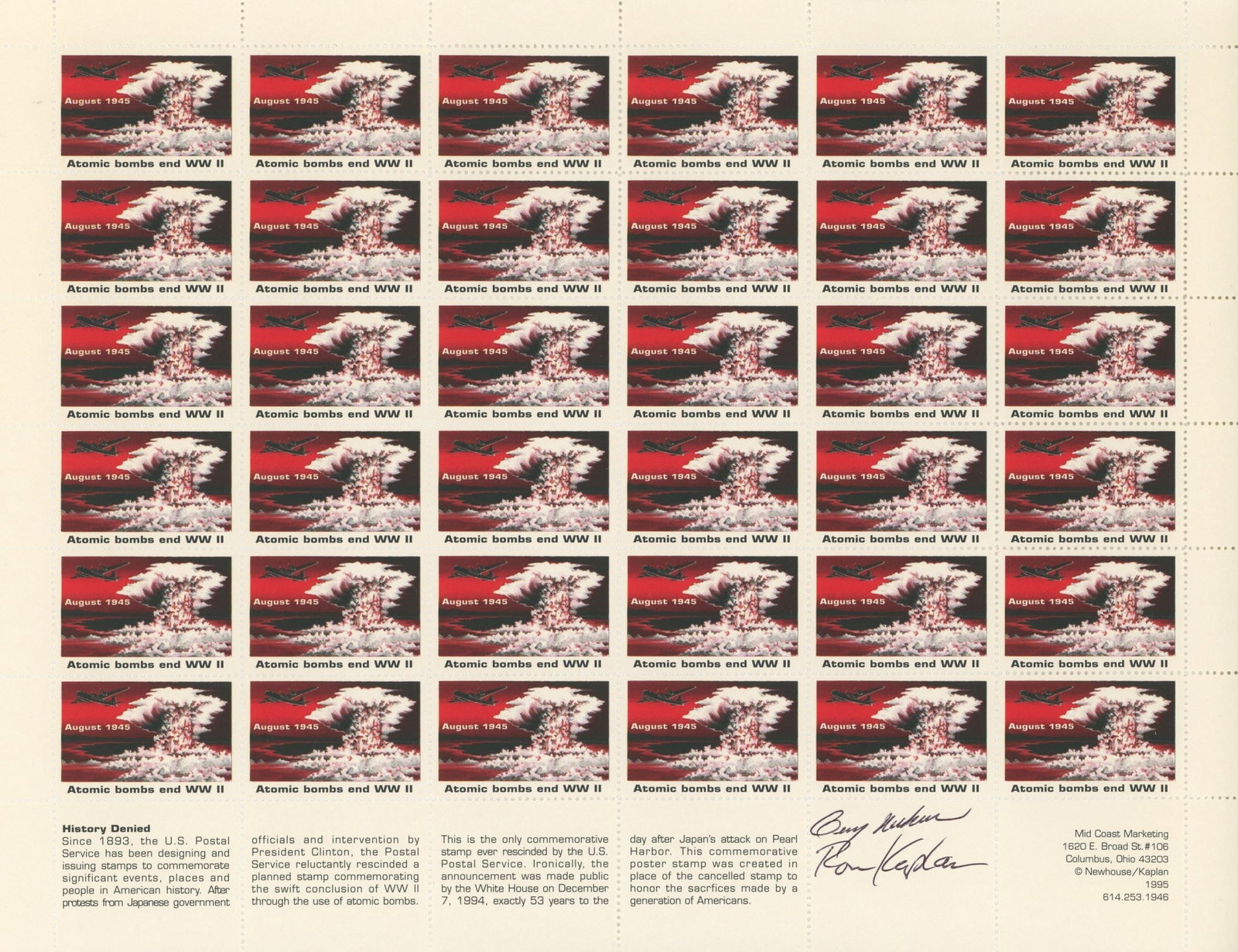 Paul Tibbets & Charles Sweeney – Atomic Bomb Mission Pilots – Autographed Stamp Sheets - 3
