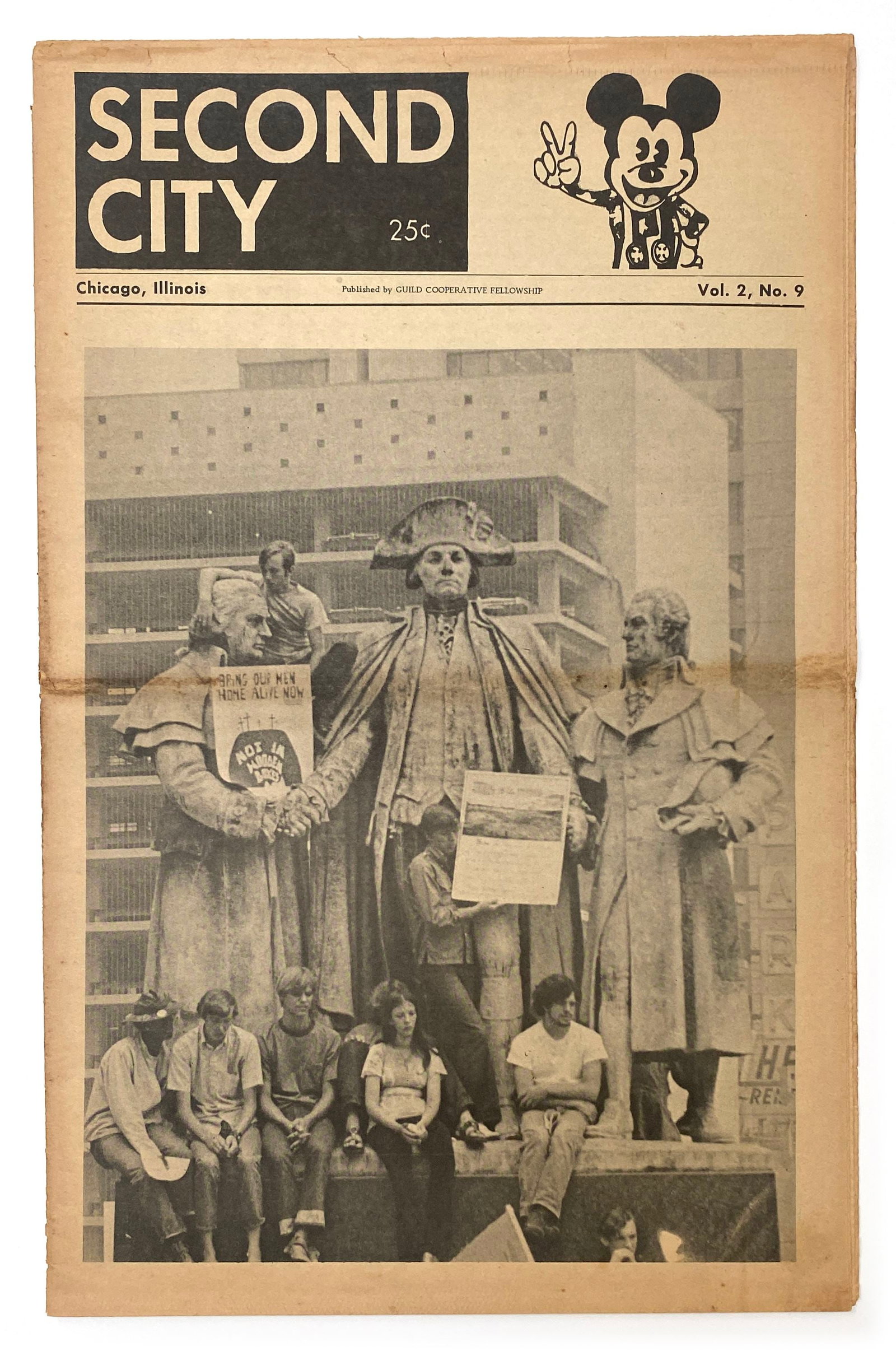 Second City - Chicago Underground Newspaper - 1969 - Vol. 2, No. 9: Details: Second City (Chicago, Illinois), Vol. 2, No. 9. Underground newspaper published by the Guild Cooperative Fellowship. The front cover features a photograph of anti-war demonstrators gathered