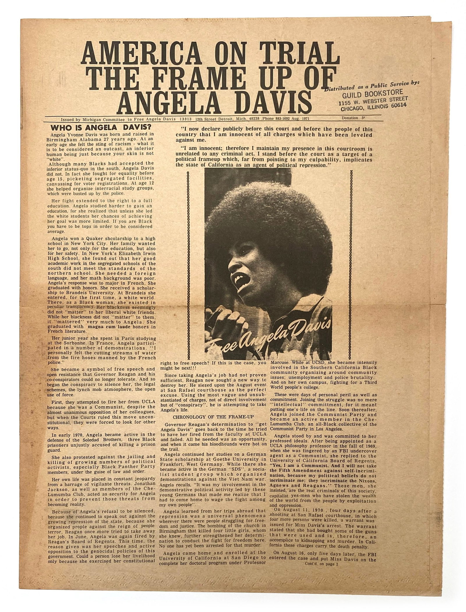 Angela Davis - “America on Trial” - Political Broadside - Free Angela Davis Campaign: Details: America on Trial: The Frame Up of Angela Davis. August 1971 political broadside issued by the Michigan Committee to Free Angela Davis and distributed by the Guild Bookstore of Chicago.