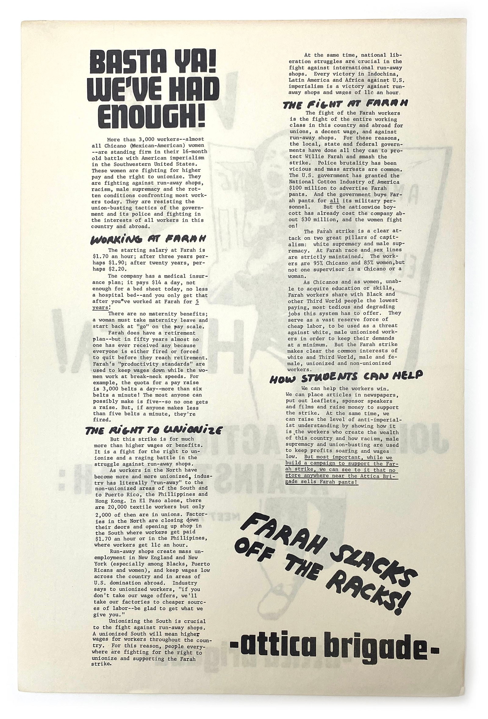 Attica Brigade - Farah Strike - 11 x 17” Double-Sided Broadside Poster - 2
