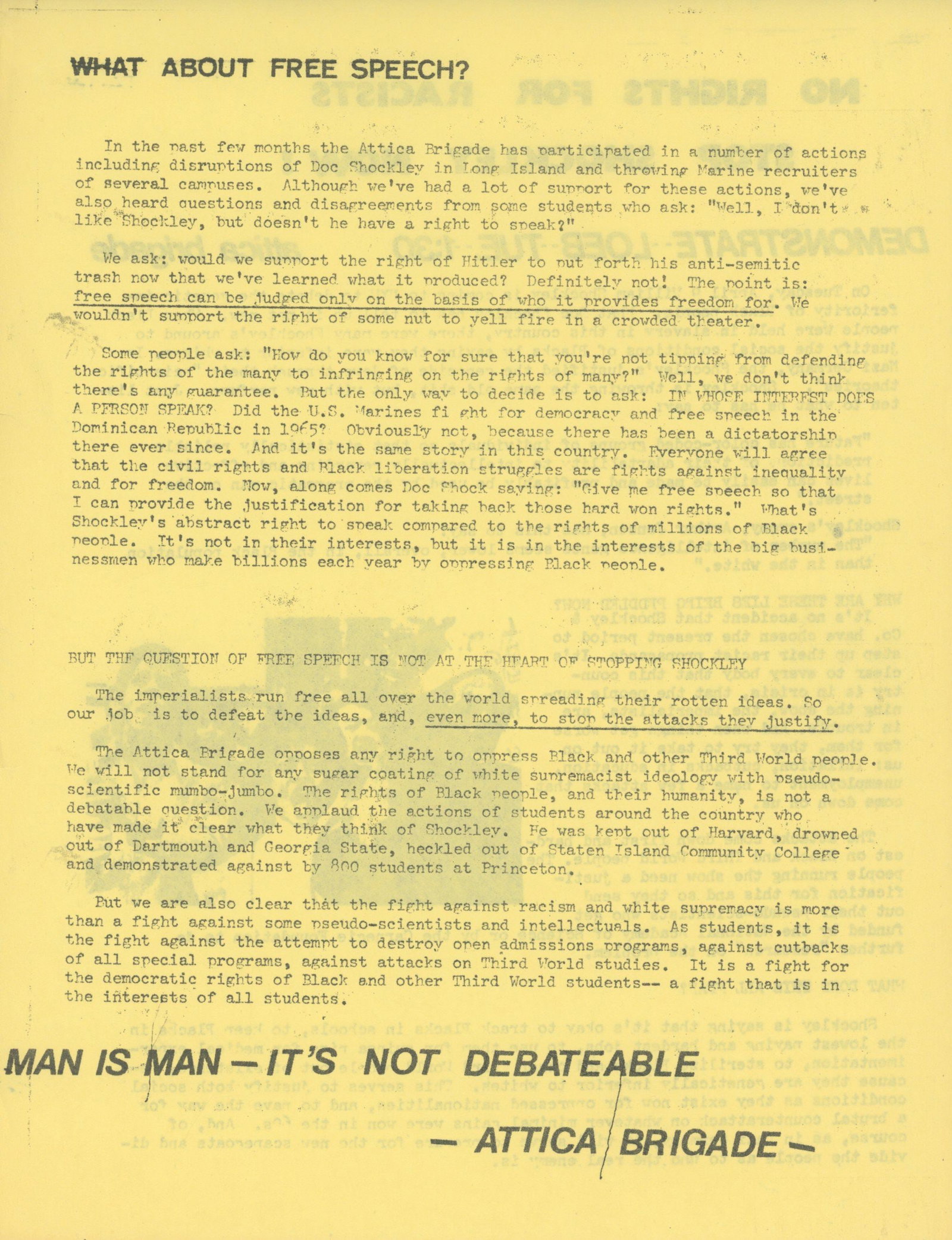 William Shockley Protest Flyer - Attica Brigade Anti-Racism Demonstration - NYU, c. 1970s - 2