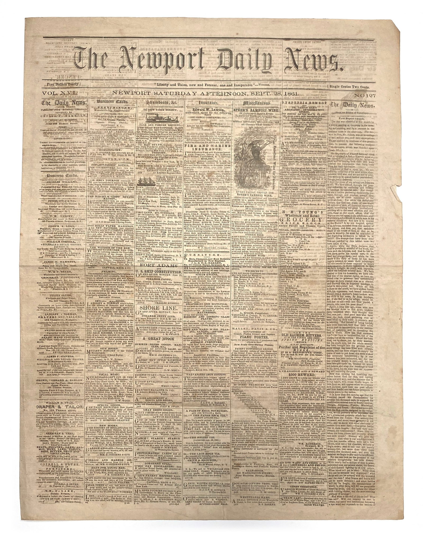 Newport Daily News - Civil War Newspaper - Battle of Lexington & Missouri Campaigns - Sept. 28, 1861: Details: The Newport Daily News (Newport, Rhode Island), September 28, 1861. Civil War-era newspaper featuring extensive coverage of the opening months of the conflict, including telegraphic