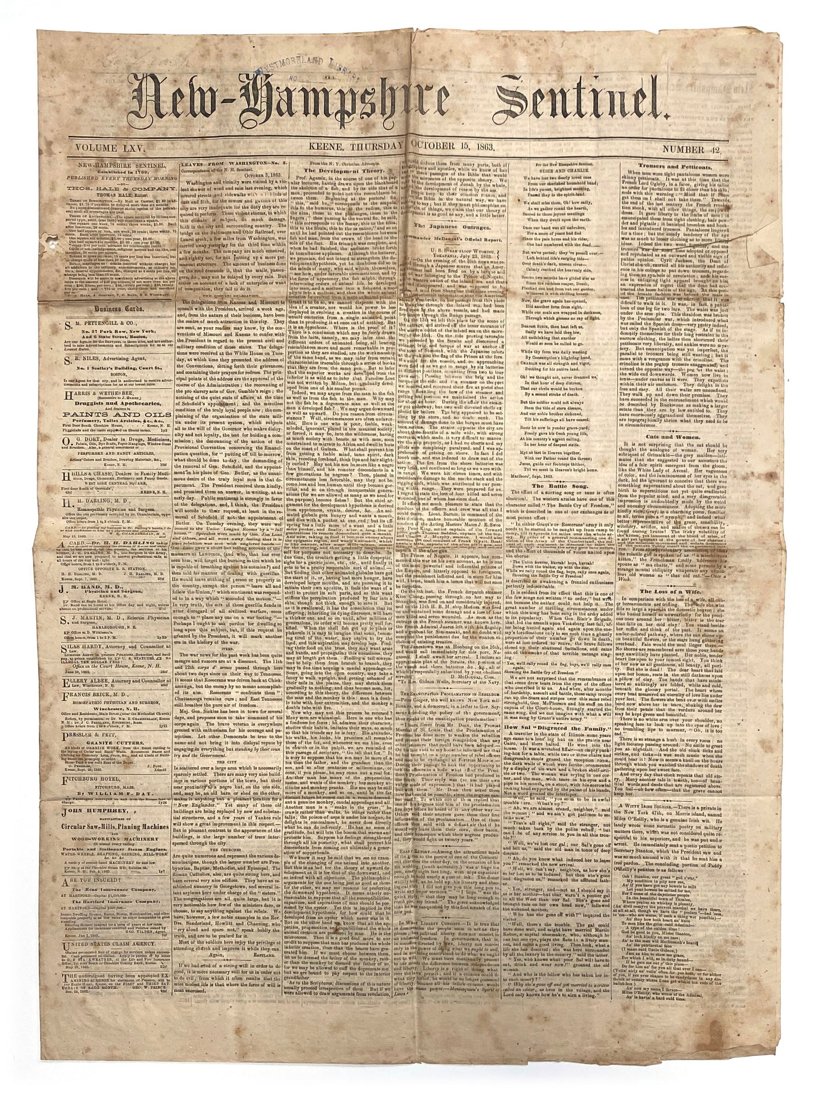 New-Hampshire Sentinel - Civil War Newspaper Collection - 11 Issues - 1861-1863 - 3