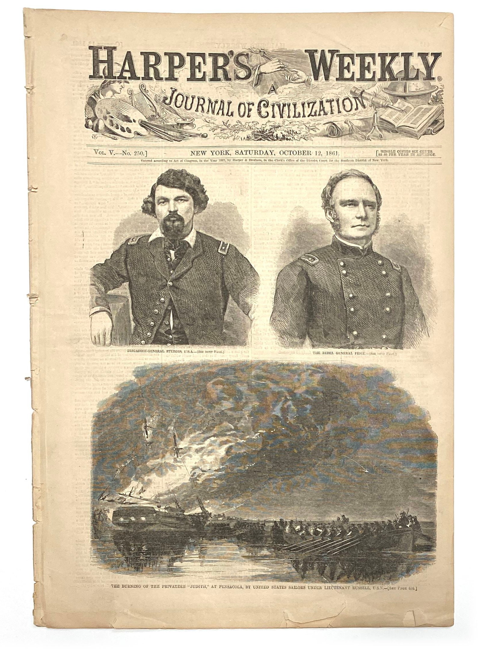 Harper’s Weekly - General Sturgis, General Price & Burning of the Judith - October 12, 1861: Details: Harper’s Weekly: A Journal of Civilization (New York), Vol. V, No. 250, October 12, 1861. Complete illustrated newspaper featuring front-page engraved portraits of Brigadier General Sam