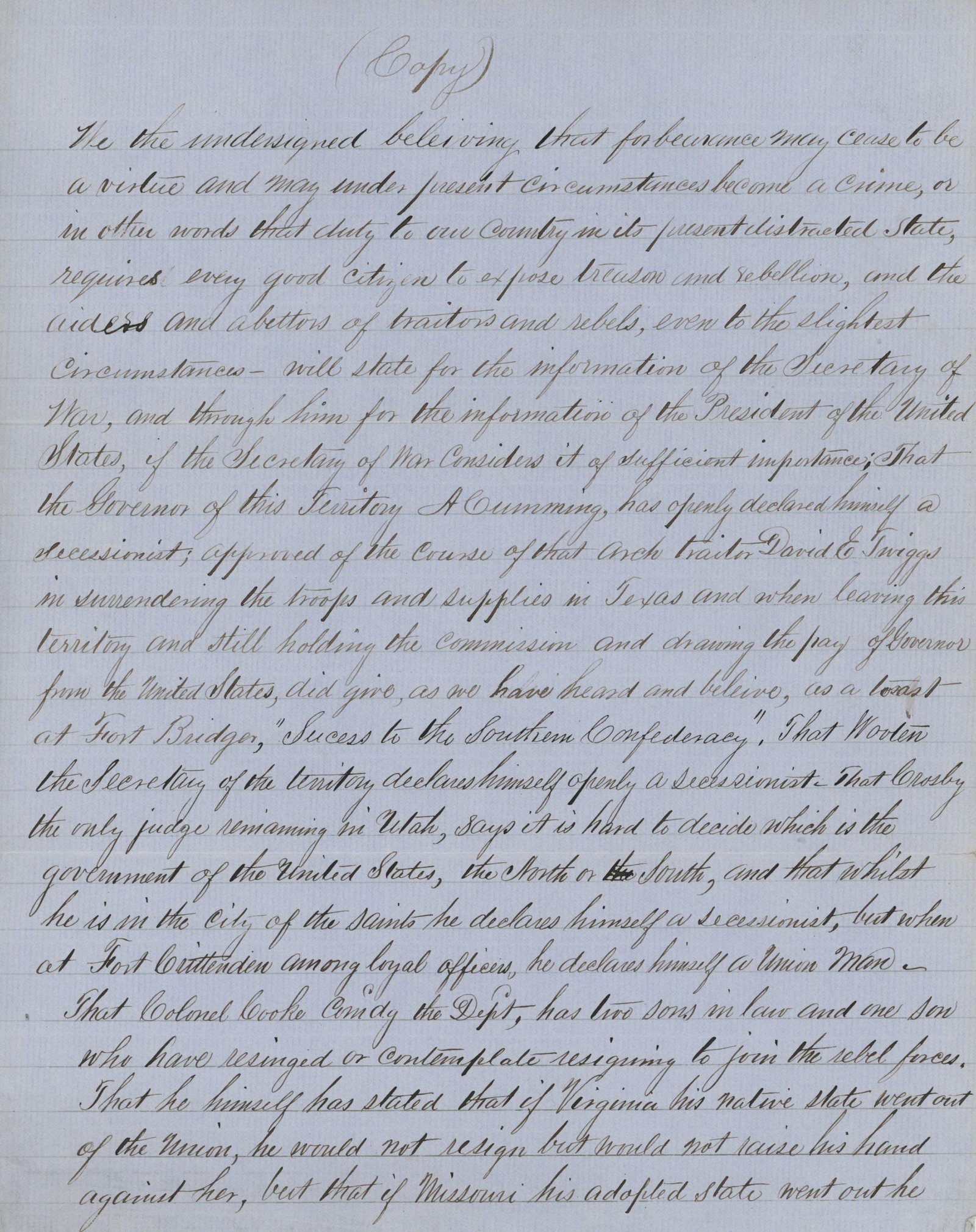 Fort Crittenden Utah Secession Report - War Date Period Manuscript True Copy - June 19, 1861 (1 of 6)