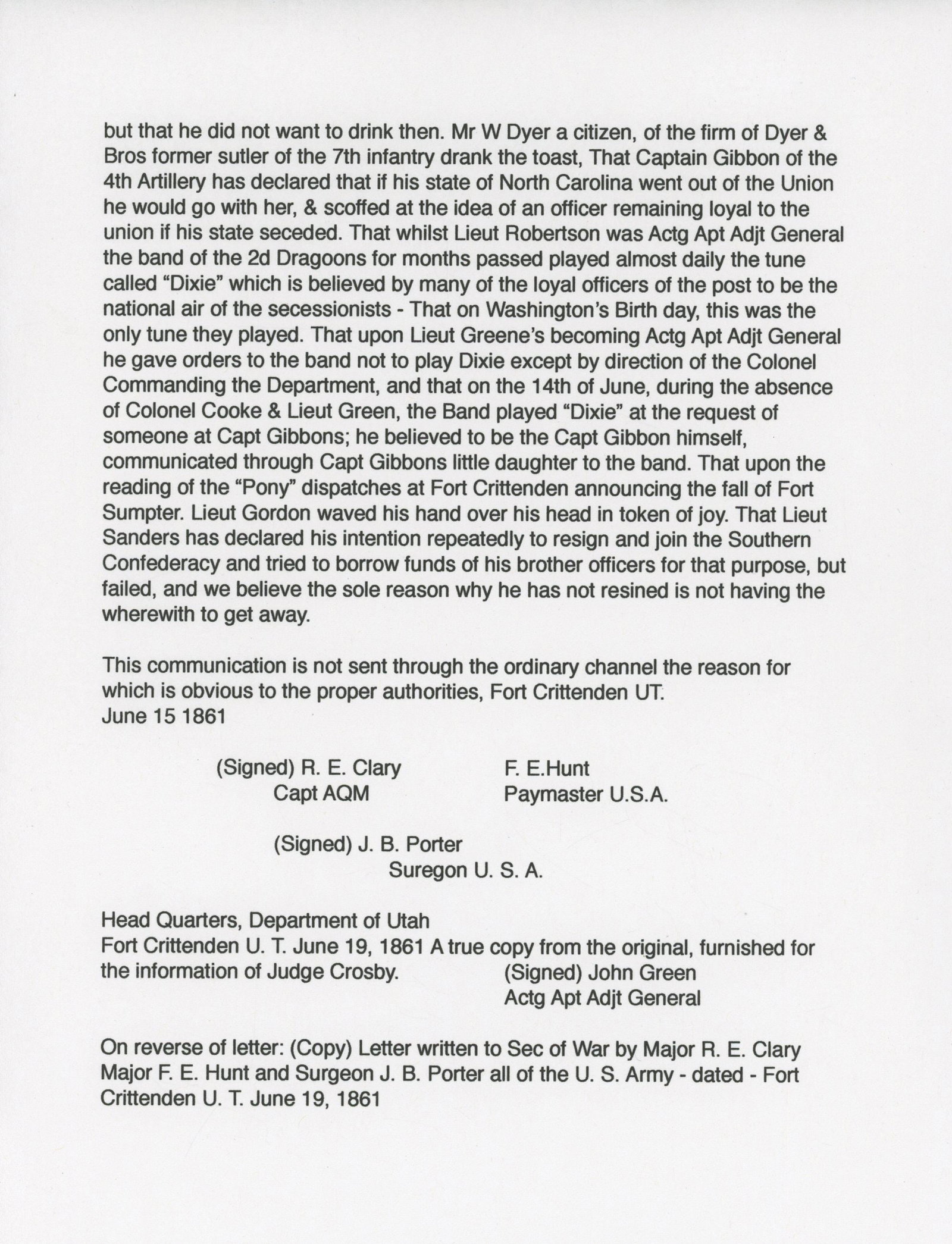 Fort Crittenden Utah Secession Report - War Date Period Manuscript True Copy - June 19, 1861 - 6