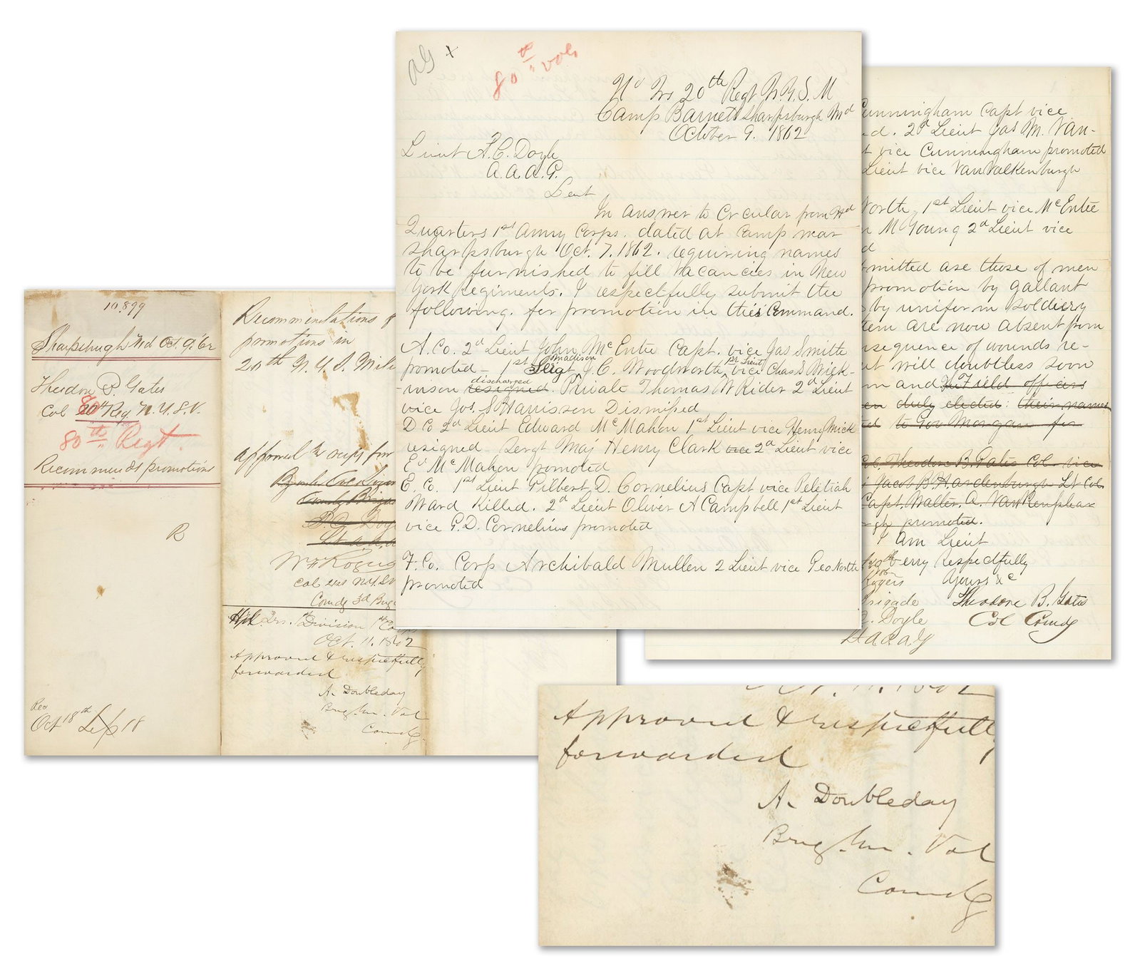 Abner Doubleday - Gettysburg Civil War General & Baseball Icon - Autographed 1862 War Date Letter: Details: Abner Doubleday autographed two-page handwritten military letter, dated October 9, 1862, from Camp Barnett near Sharpsburg, Maryland, recommending promotions within New York regiments followi