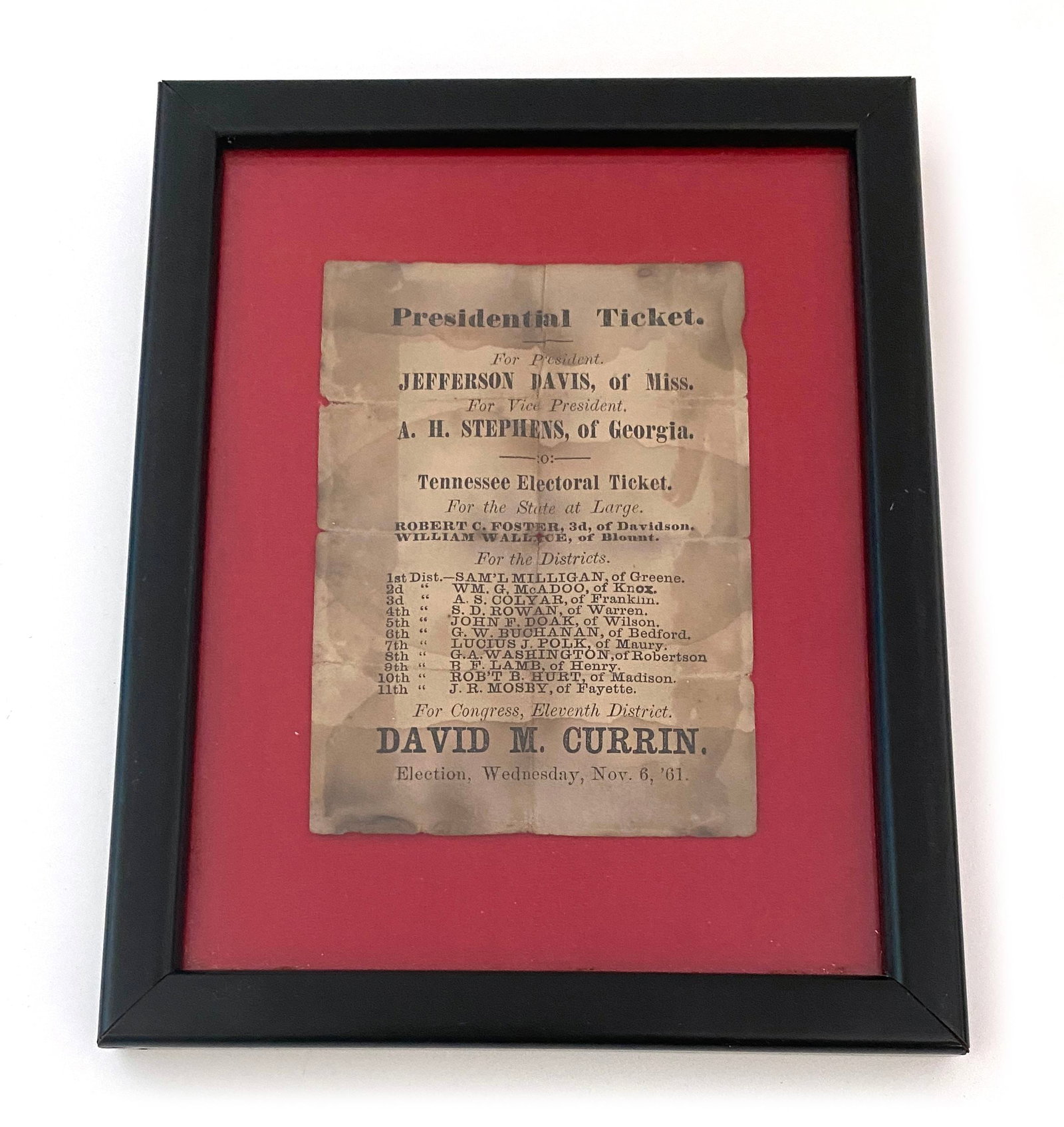 Jefferson Davis - Confederate Presidential Ticket - Tennessee Electoral Ballot - 1861 Election (1 of 2)