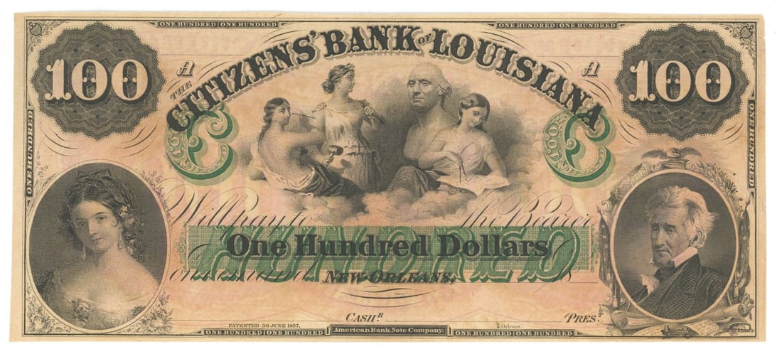 Confederate States of America $100 Note - Citizens Bank of Louisiana, New Orleans: Details: Confederate States of America $100 note issued by the Citizens Bank of Louisiana, New Orleans, featuring an impressive and highly decorative design representative of the finest Southern