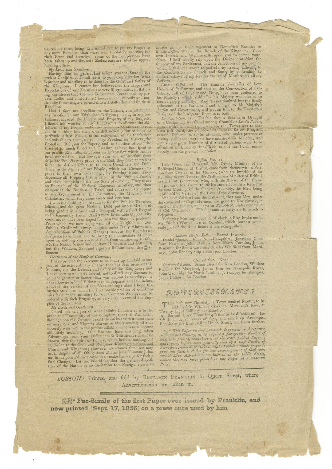 Benjamin Franklin – The New-England Courant – 1856 Facsimile of Franklin’s First N - 2