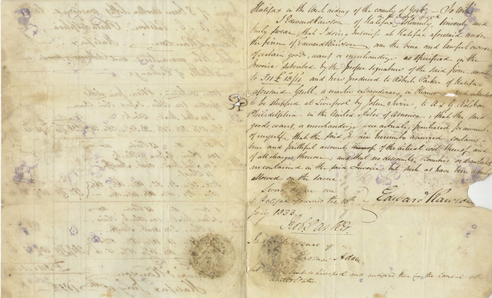1833 Invoice for Woolen Pieces Consigned to A. & G. Ralston, Philadelphia by Edward Rawson, Halifax - 2