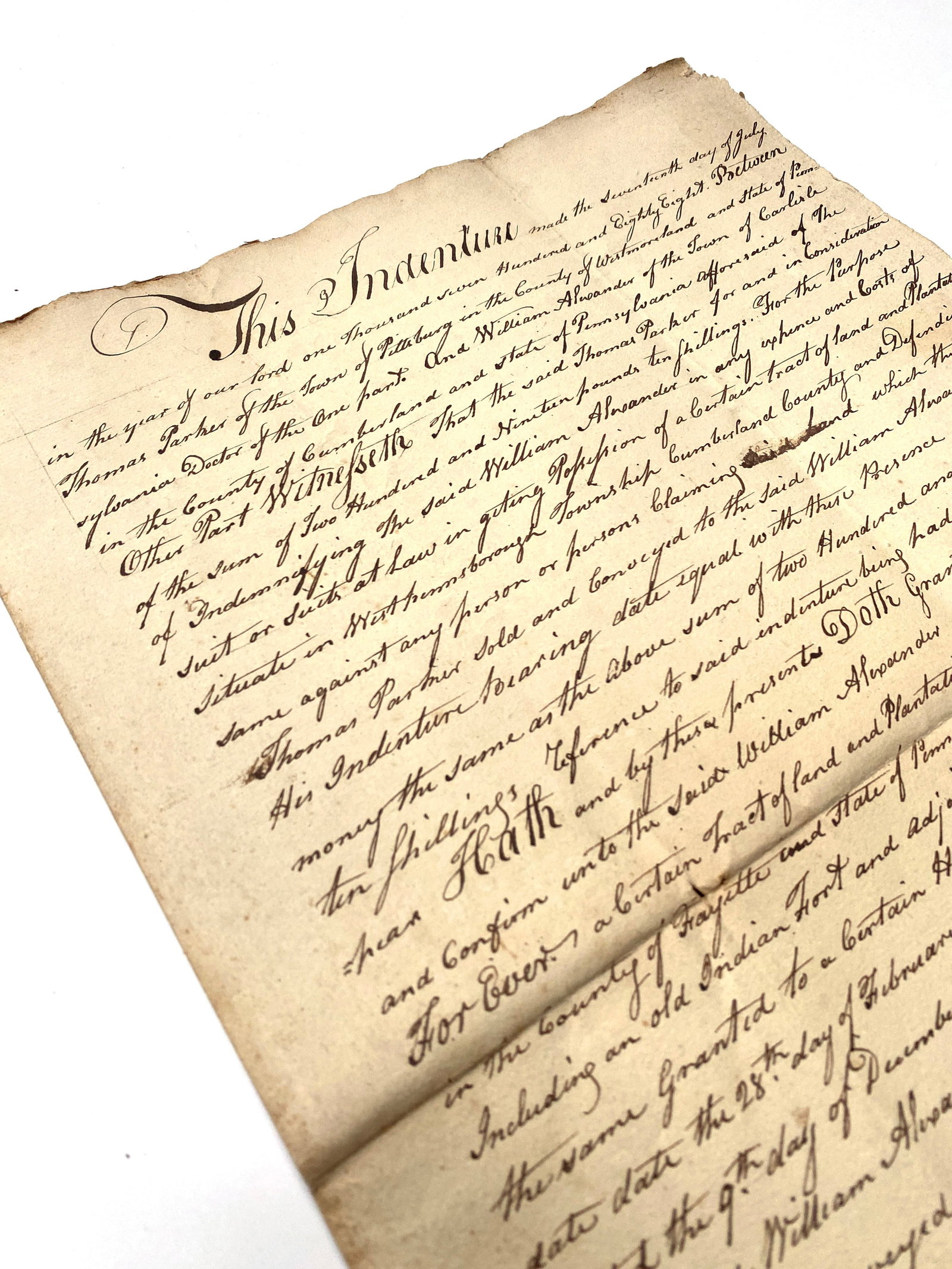 1788 Pennsylvania Land Indenture - Thomas Parker - Westmoreland and Fayette Counties - 3