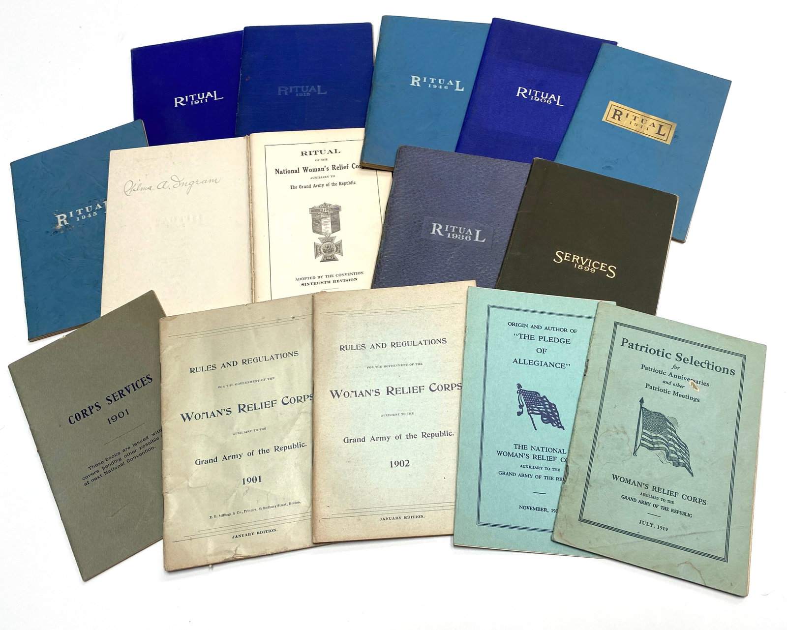 Woman’s Relief Corps - Grand Army of the Republic - Rituals, Rules & Patriotic Publications: Details: An extensive collection of approximately fifteen publications issued by the Woman’s Relief Corps (W.R.C.), the official women’s auxiliary of the Grand Army of the Republic, spanni