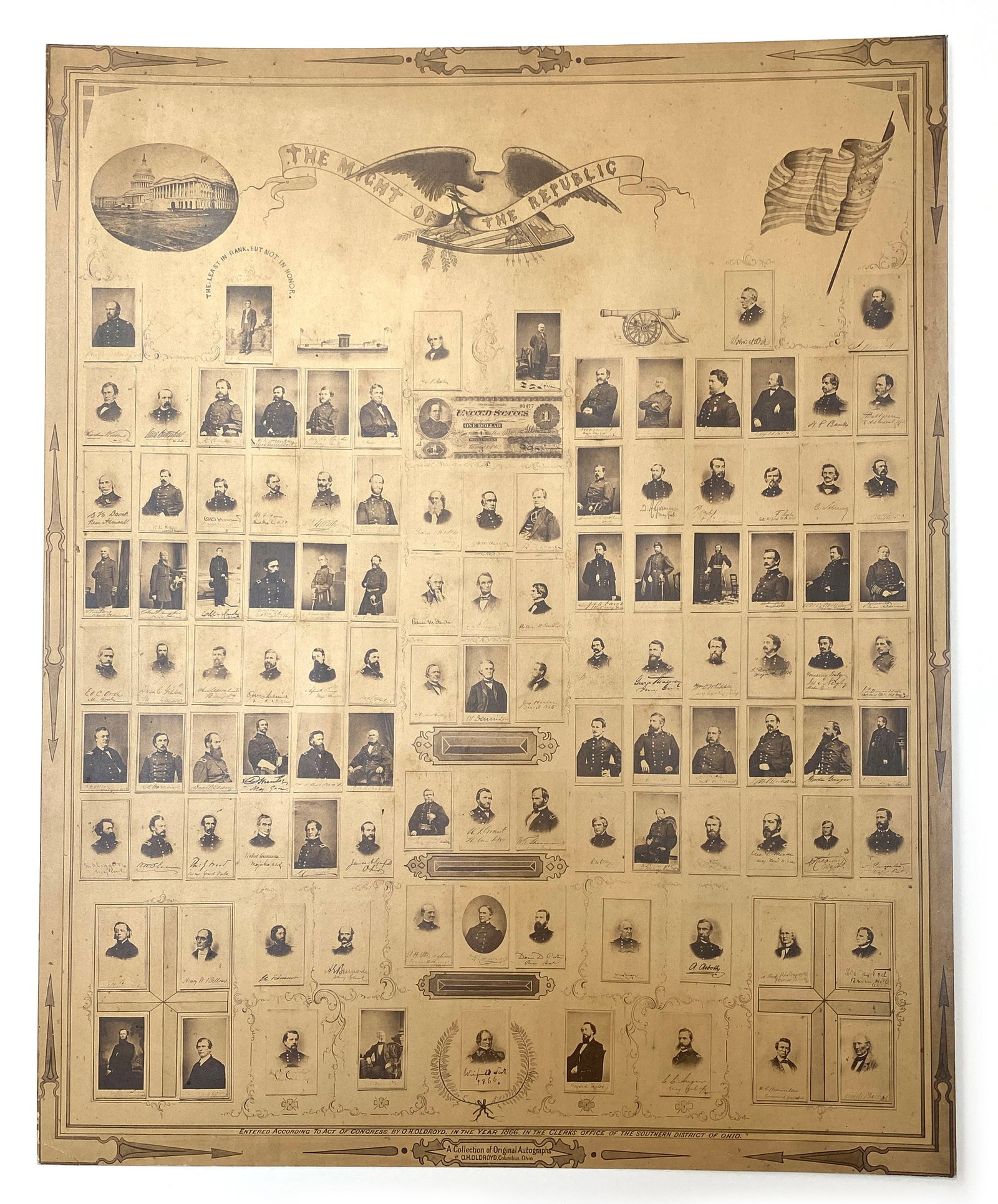The Might of the Republic - Union Leaders - Composite Albumen Portrait - 1866 with Abraham Lincoln: Details: The Might of the Republic. Large composite albumen photograph published by A. Holdroyd of Columbus, Ohio, in 1866, featuring dozens of mounted albumen portraits of prominent Union military