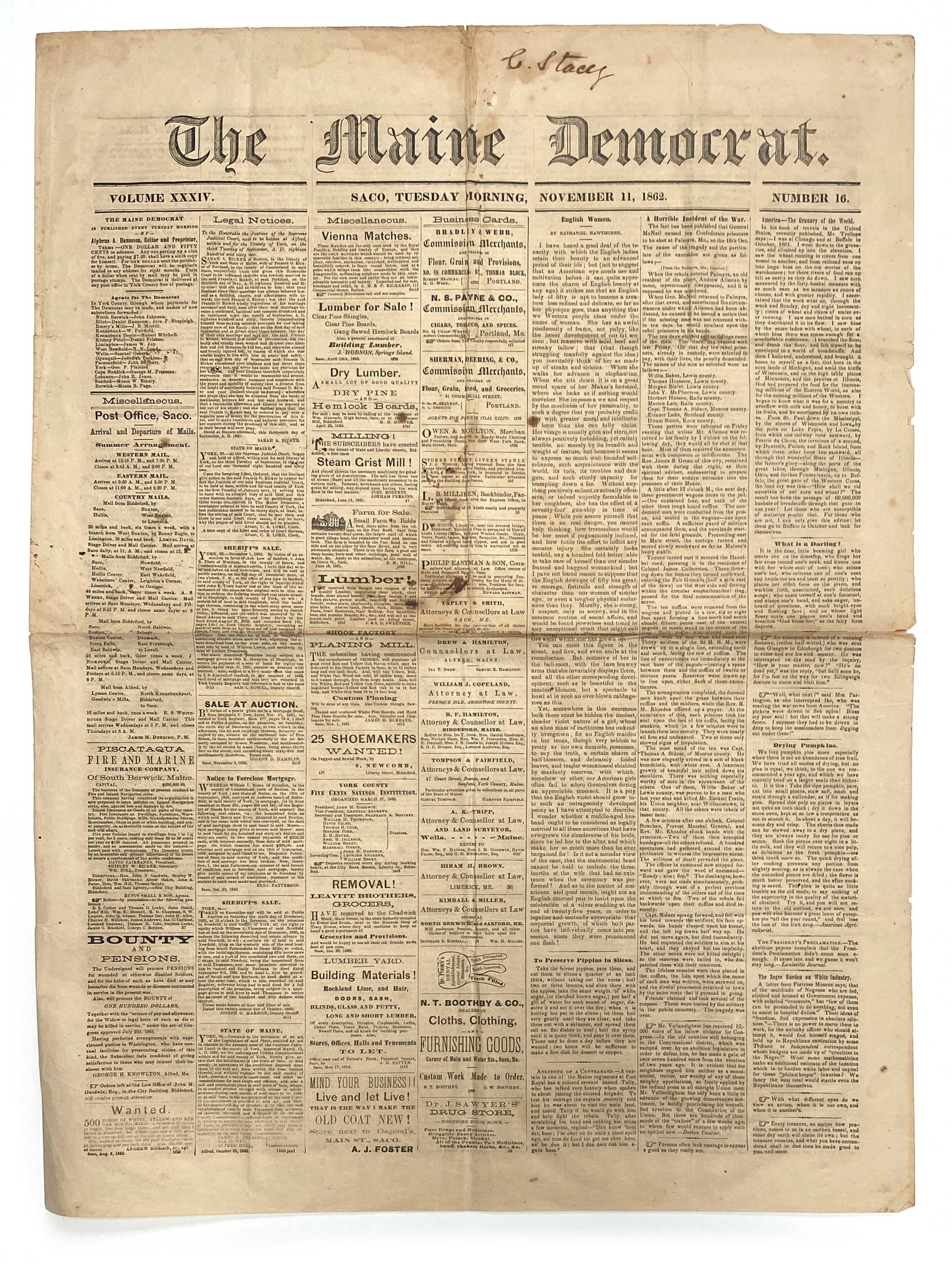 The Maine Democrat - Civil War News “Horrible Incident of the War” - Saco, Maine - Novem: Details: Complete issue of The Maine Democrat (Saco, Maine), dated November 11, 1862, published during the American Civil War just weeks after the Battle of Antietam and President Abraham