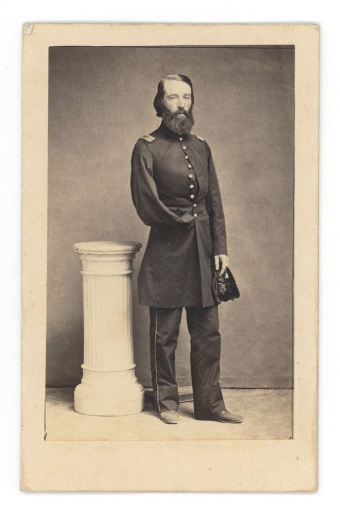 Thomas W. Sweeny - Union Major General - Civil War Era Carte de Visite: Details: Thomas W. Sweeny Civil War-era carte de visite photograph depicting the Union general standing in military uniform while holding his military hat. Published by W. L. Troxell of St. Louis,