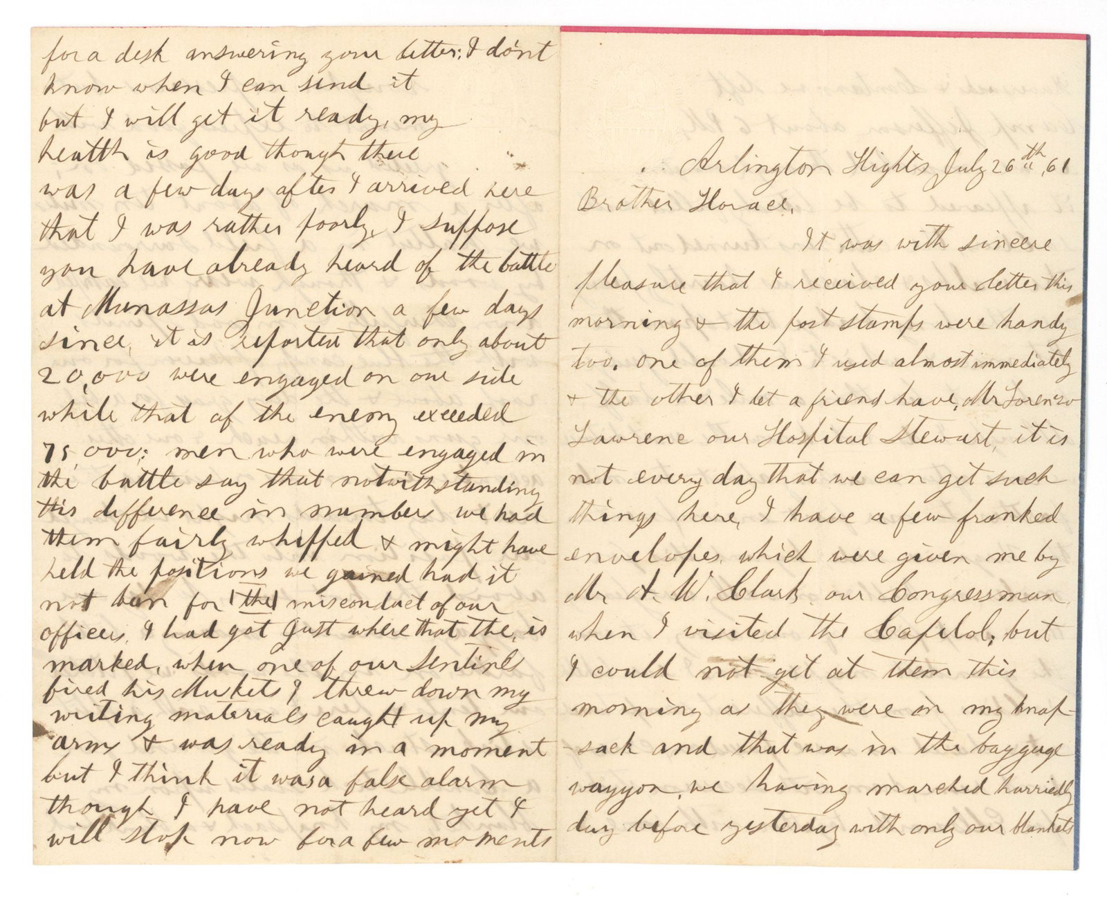 Civil War - Union Soldier - Four-Page Manuscript Letter - First Battle of Bull Run Camp Letter: Details: Unsigned four-page manuscript letter written from Arlington Heights, Virginia, dated July 26, 1861, just five days after the First Battle of Bull Run (First Manassas). Written to the