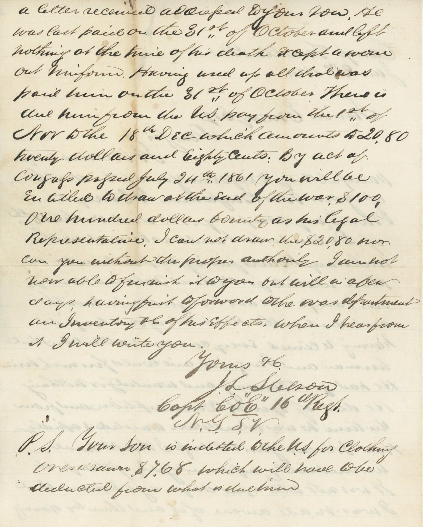 Civil War – Benjamin G. Emery – Death Notification Letter – 16th New York Voluntee - 2