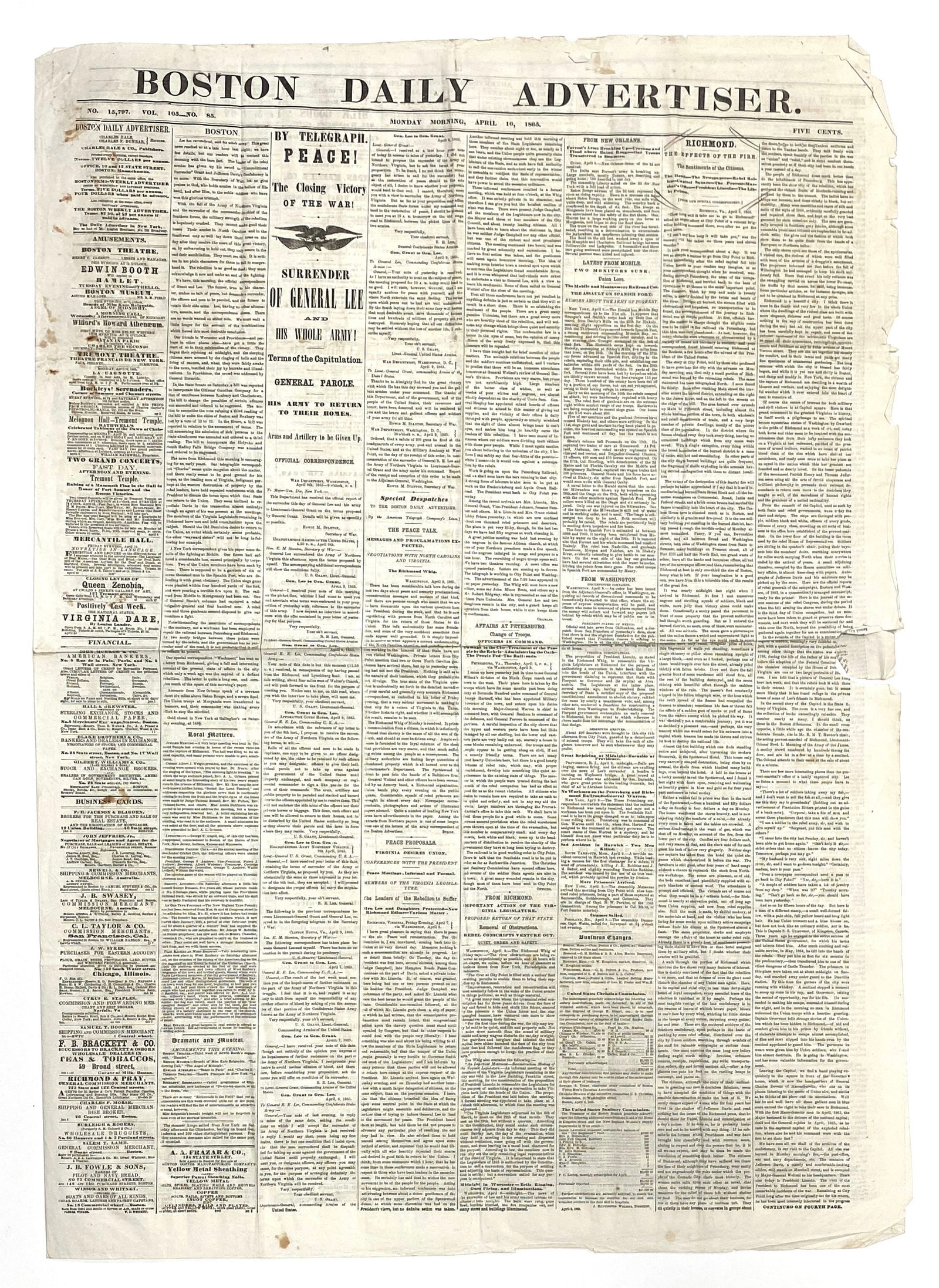 Robert E. Lee - Surrender of General Lee and His Army - Boston Daily Advertiser - April 10, 1865 - 2