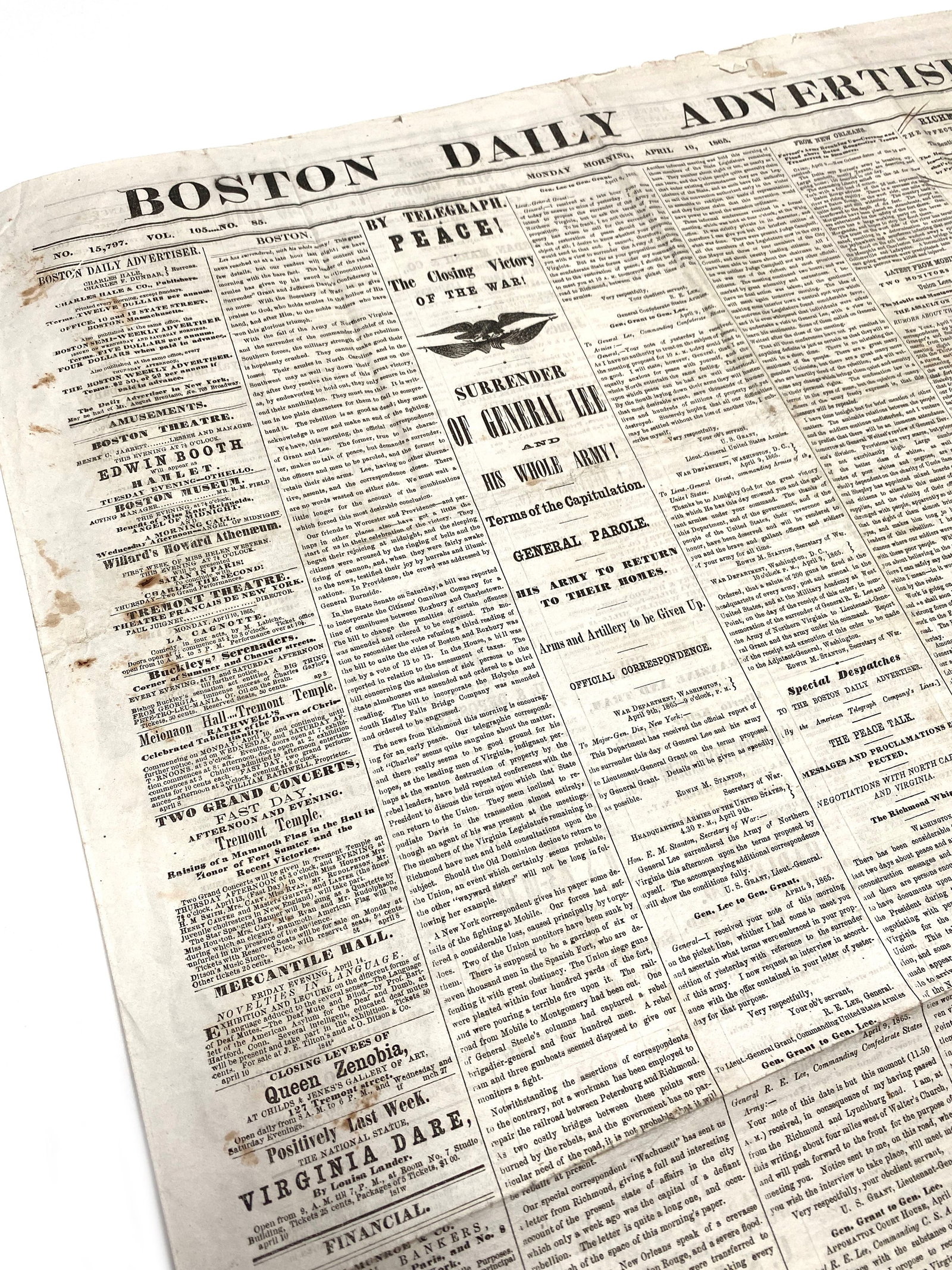 Robert E. Lee - Surrender of General Lee and His Army - Boston Daily Advertiser - April 10, 1865 - 3